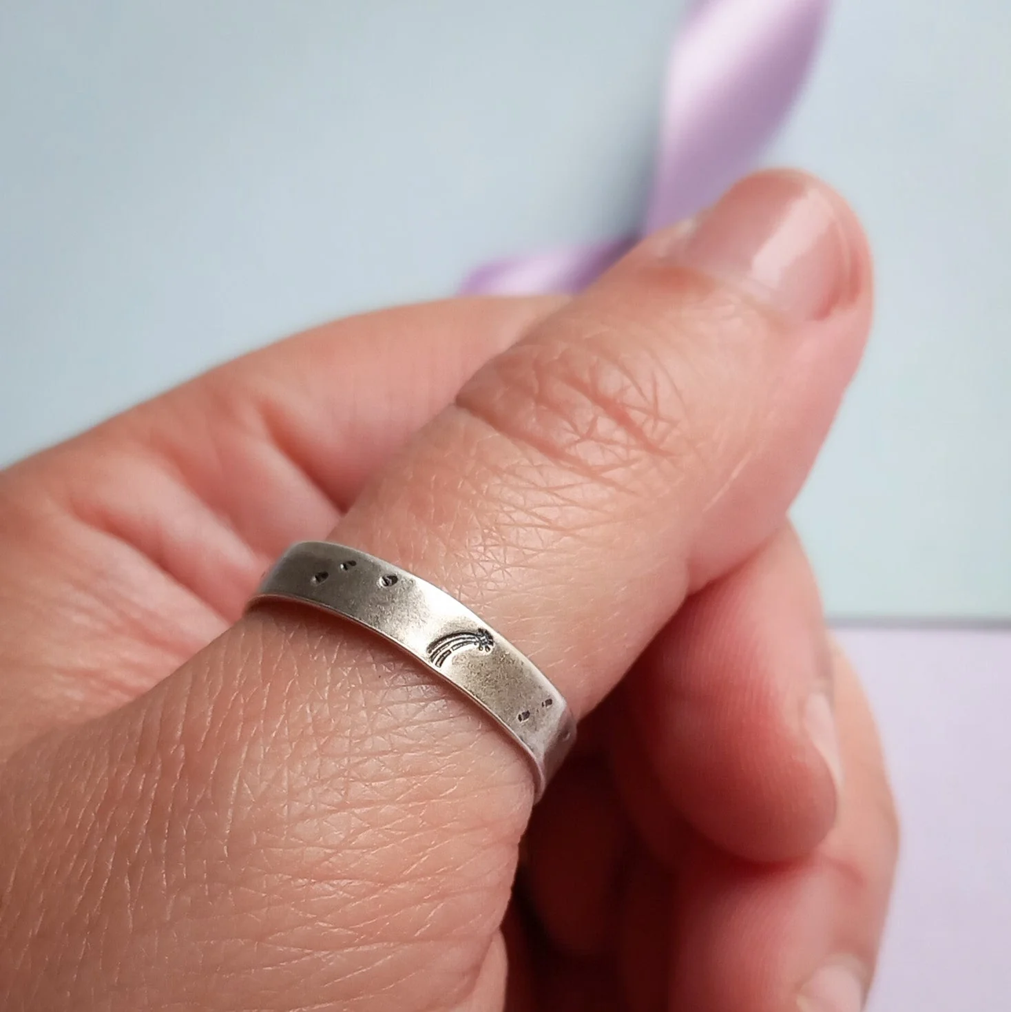 Stargazer - Sterling Silver Celestial Ring with Moon & Stars on 4mm Band - Image 3
