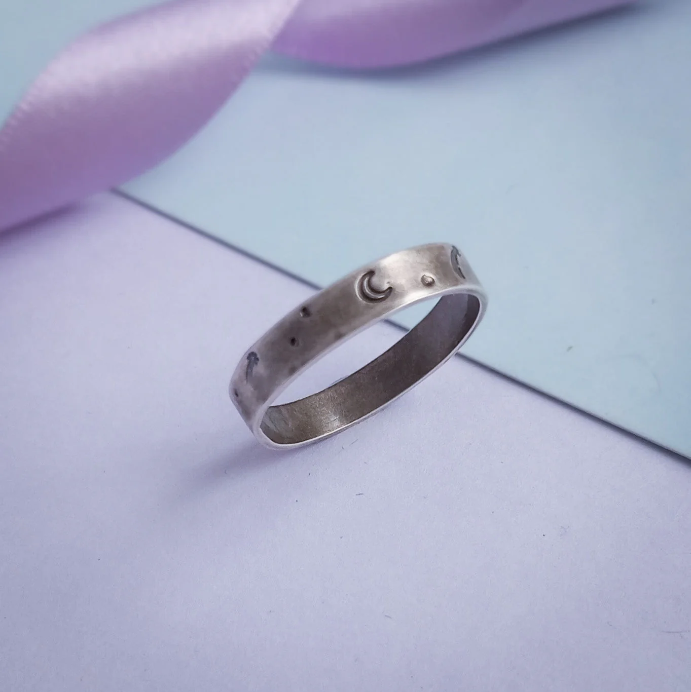 Stargazer - Sterling Silver Celestial Ring with Moon & Stars on 4mm Band - Image 4
