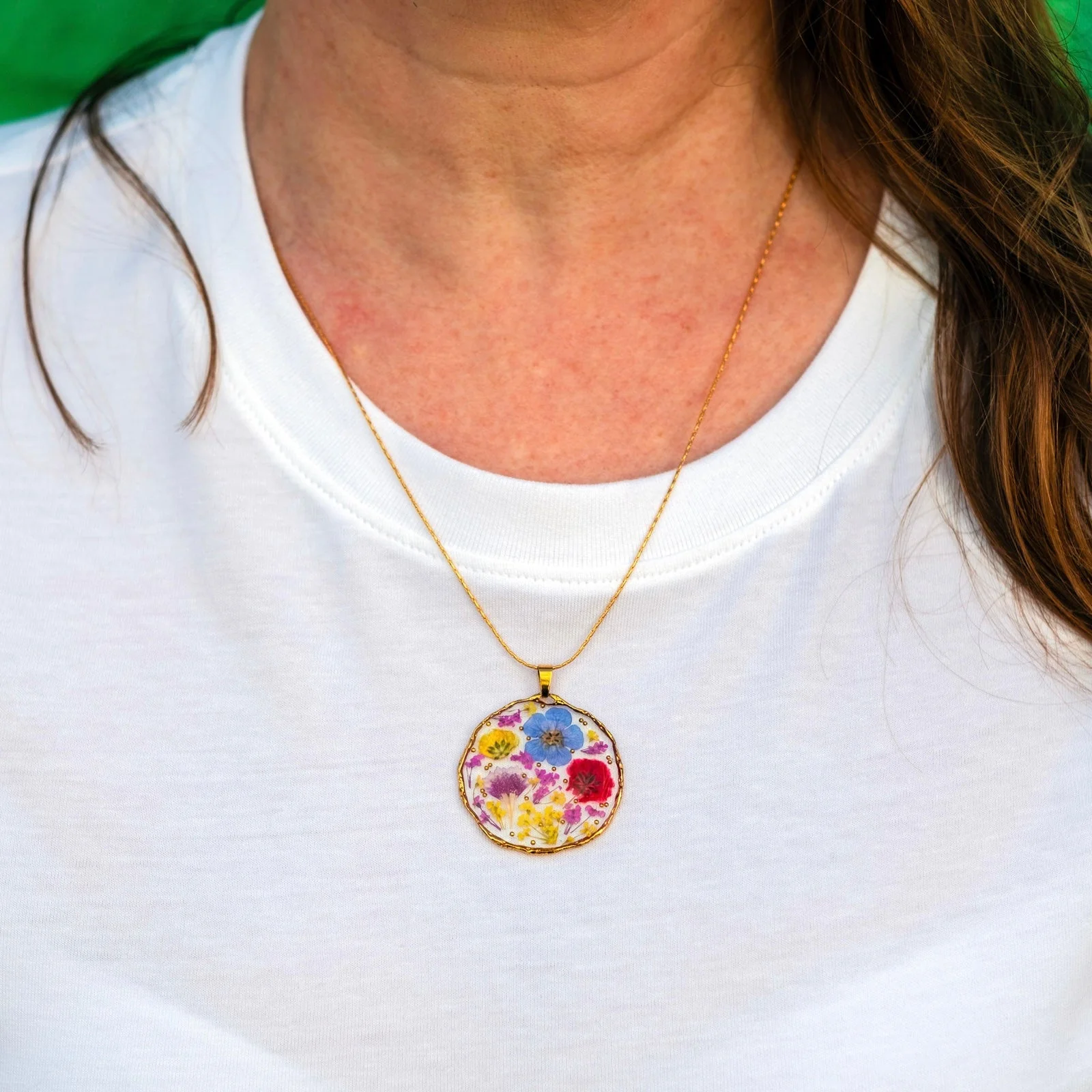 Statement pendant necklace with red poppies and colourful flowers - Image 3