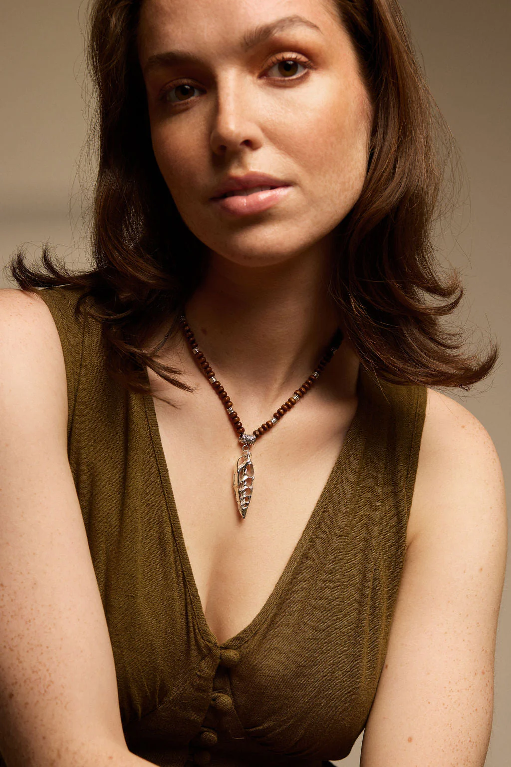Sterling Silver Abstract Shell Spiral Beaded Necklace