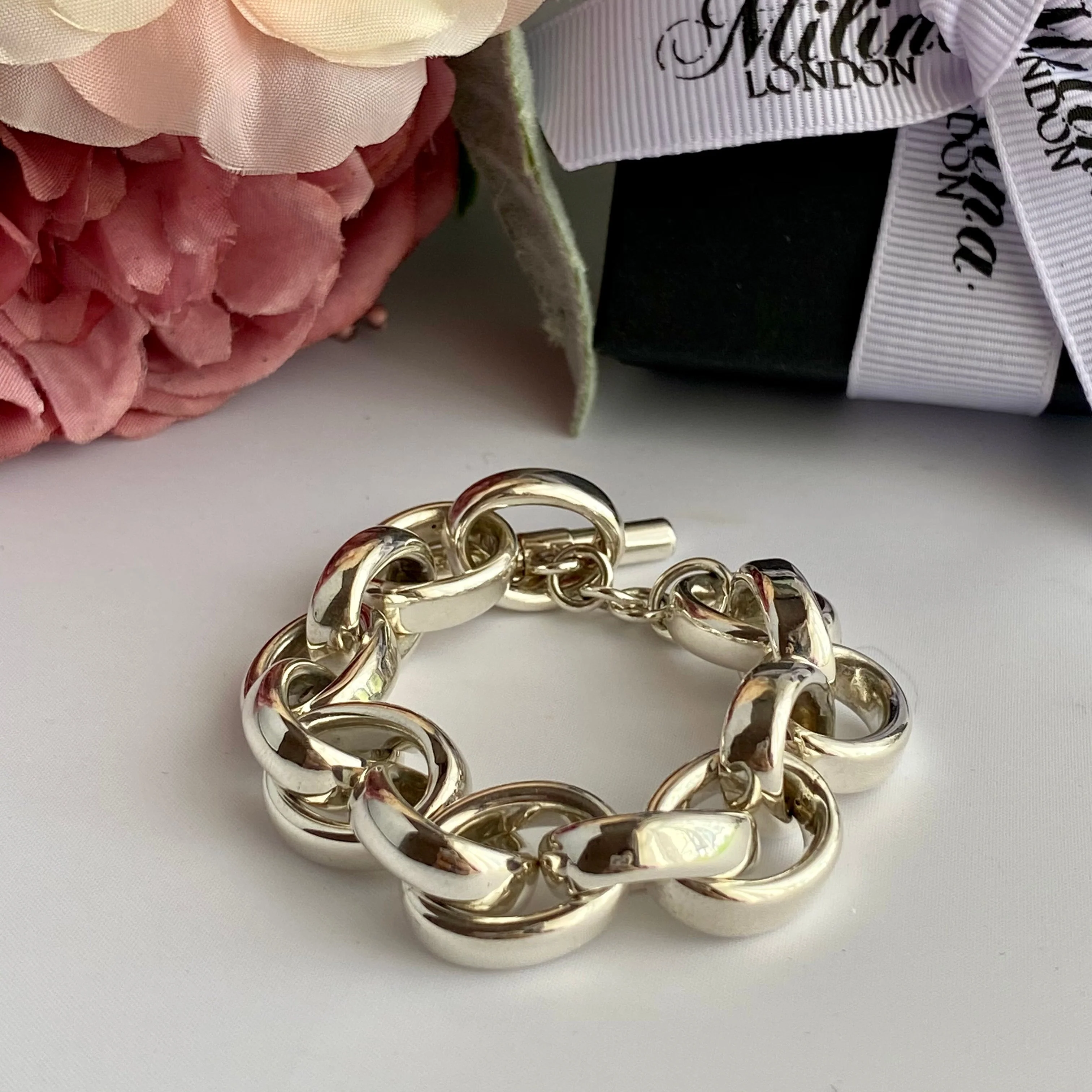 Sterling Silver Bracelet with Hollow Chunky Oval Links - Image 8