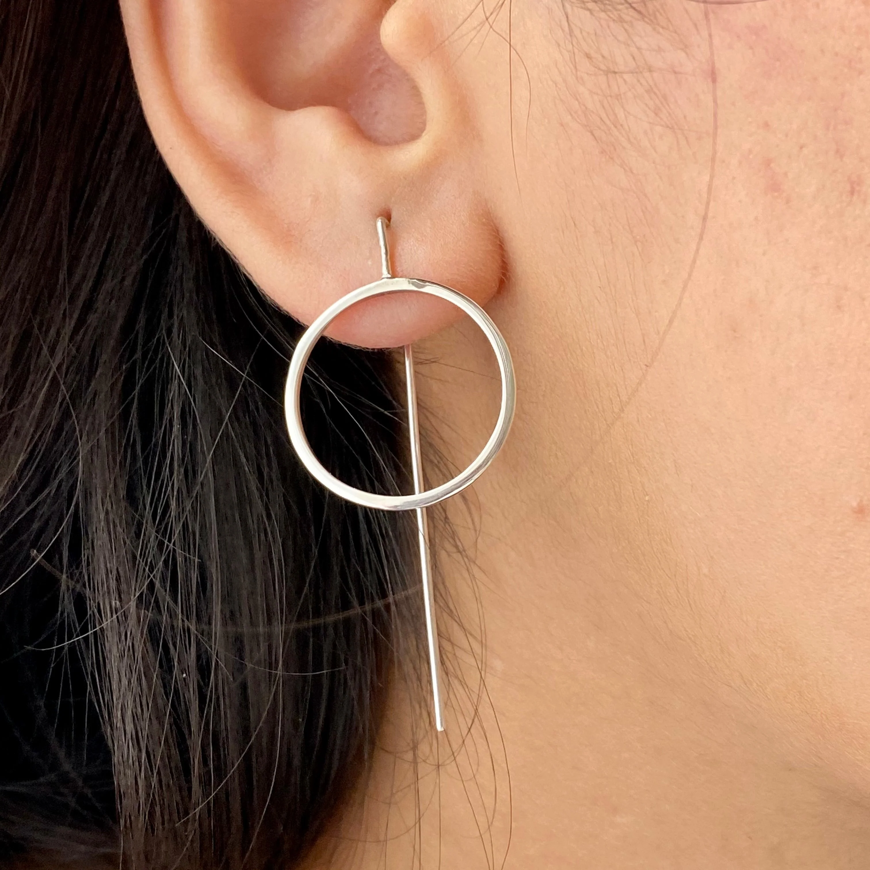 Sterling Silver Hollow Circle Earrings with a Long Straight Back - Image 4
