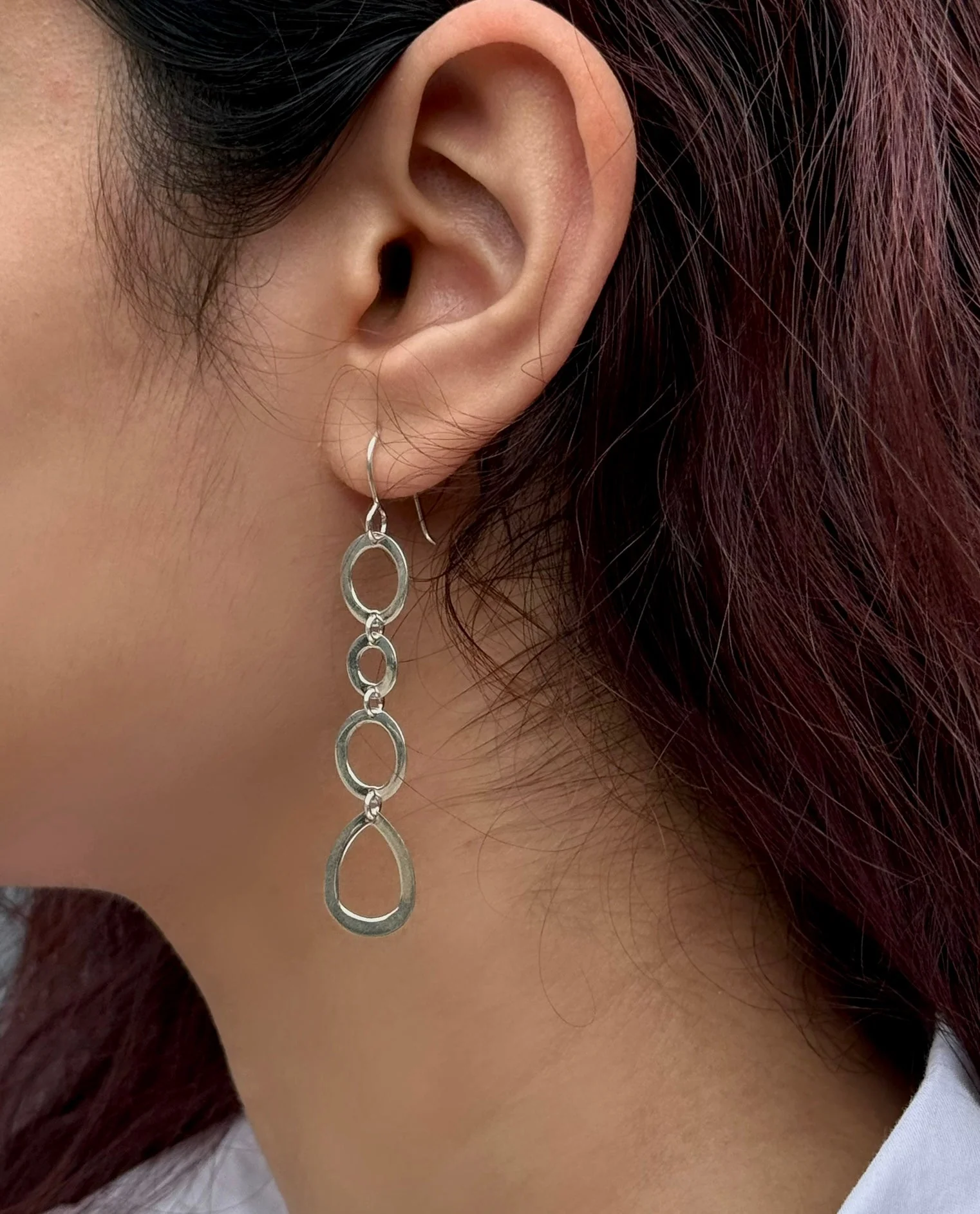 Sterling Silver Long Earrings with Round and Tear Drop Shaped Rings