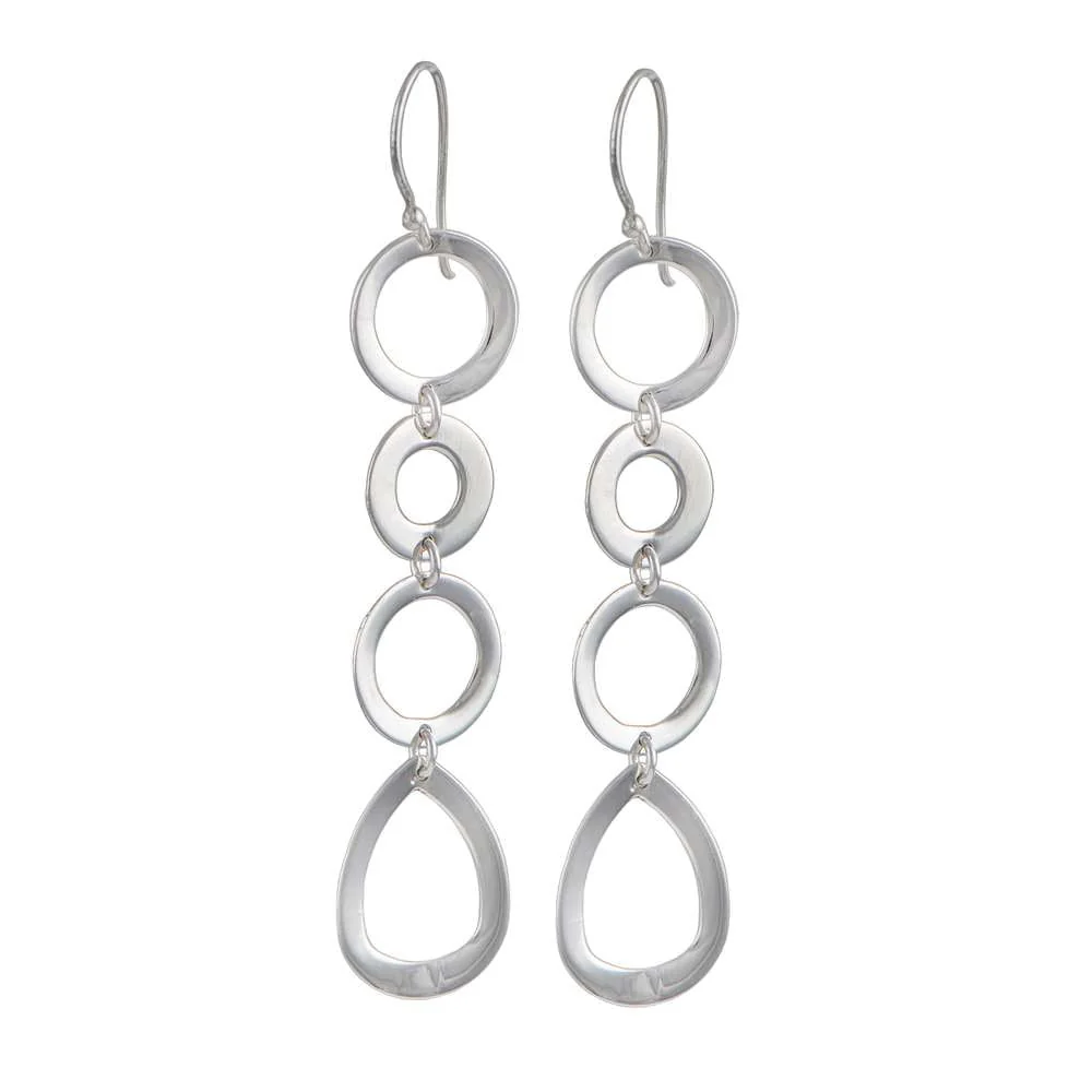 Sterling Silver Long Earrings with Round and Tear Drop Shaped Rings - Image 2