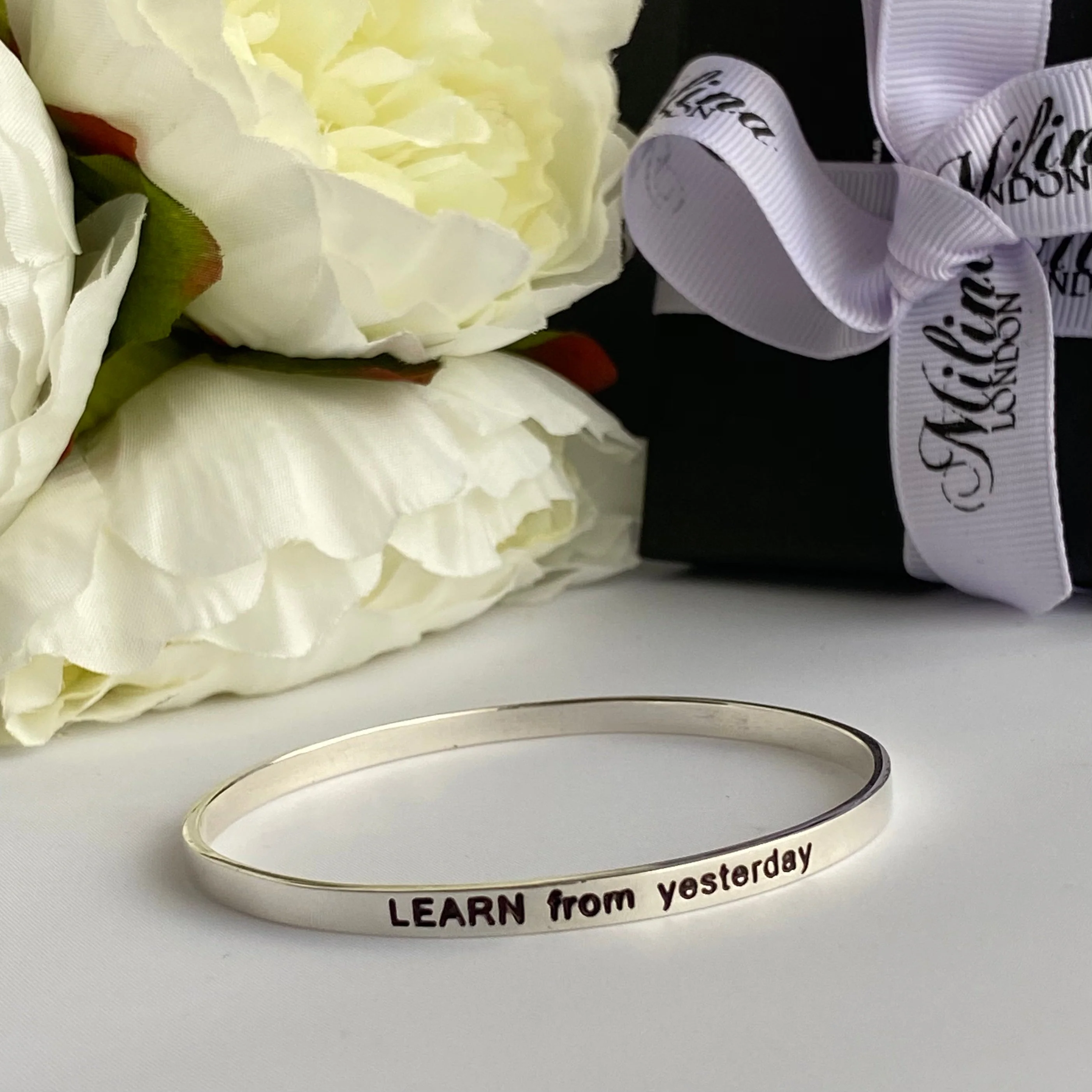 Sterling Silver Motivational Quote Bangle - Learn From Yesterday - Image 3