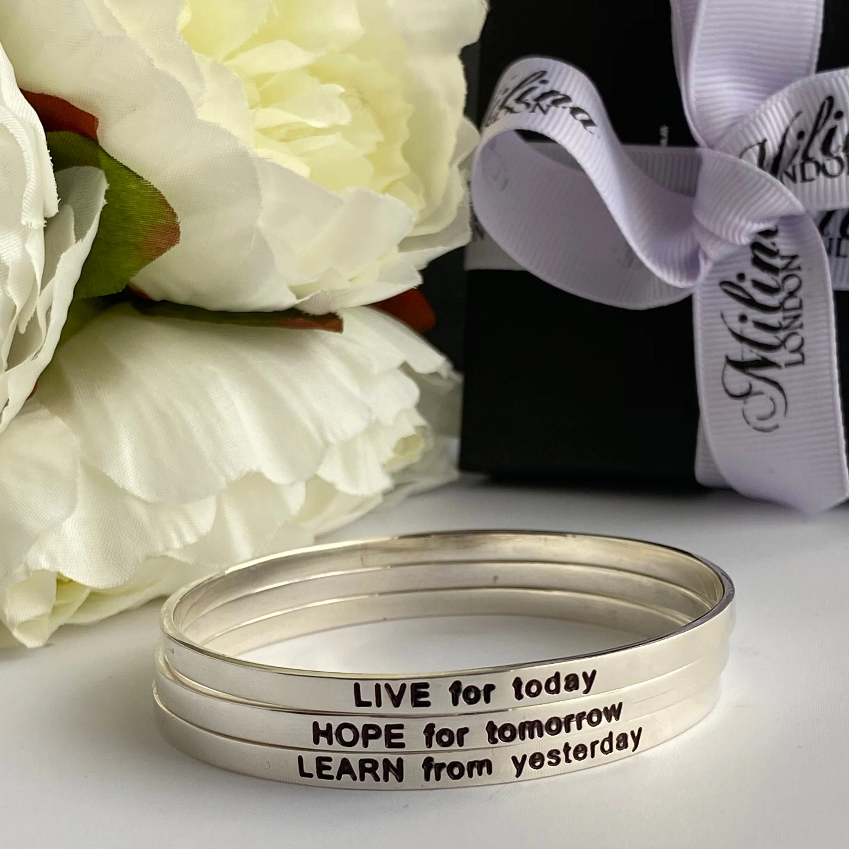 Sterling Silver Motivational Quote Bangle - Learn From Yesterday - Image 5