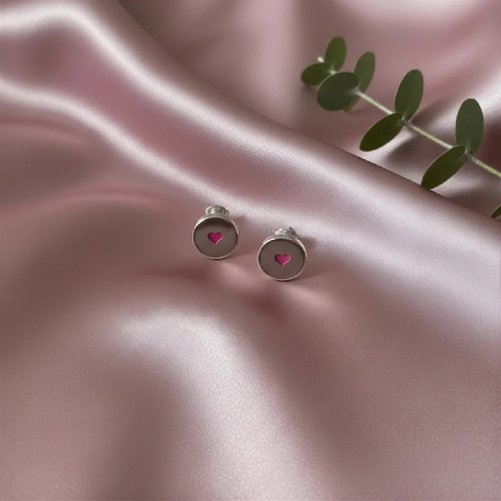Sterling Silver Stud Earrings with Pink Hearts