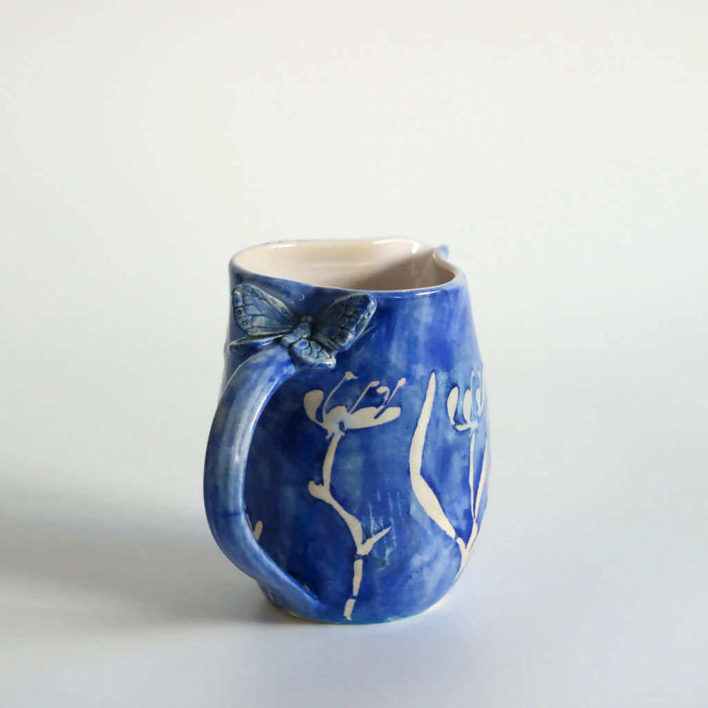 Stoneware Clay Heart Jug in Blue Flower Design - Image 9