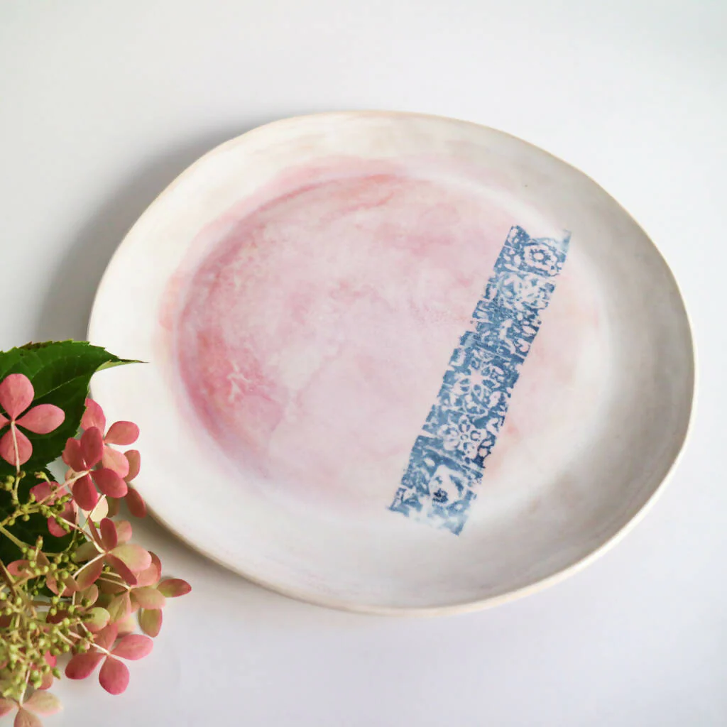 Stoneware Clay Plate In Pink Watercolour Design - Image 6
