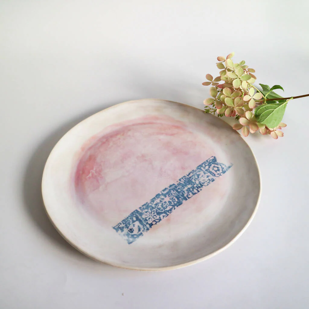 Stoneware Clay Plate In Pink Watercolour Design - Image 8