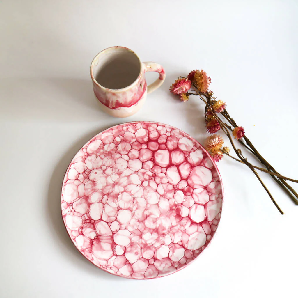 Stoneware Plate in Raspberry Bubble Design - Image 6