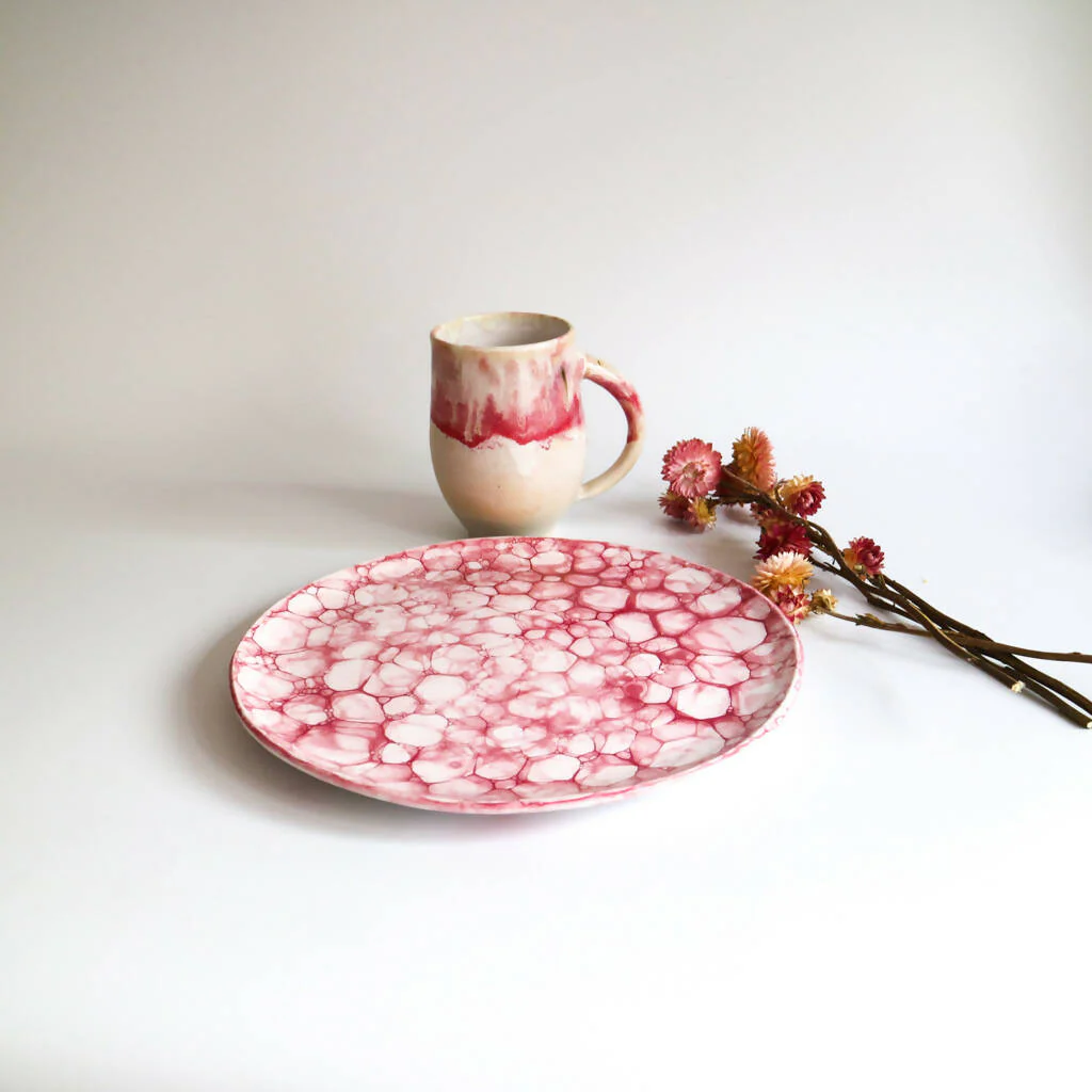 Stoneware Plate in Raspberry Bubble Design - Image 7