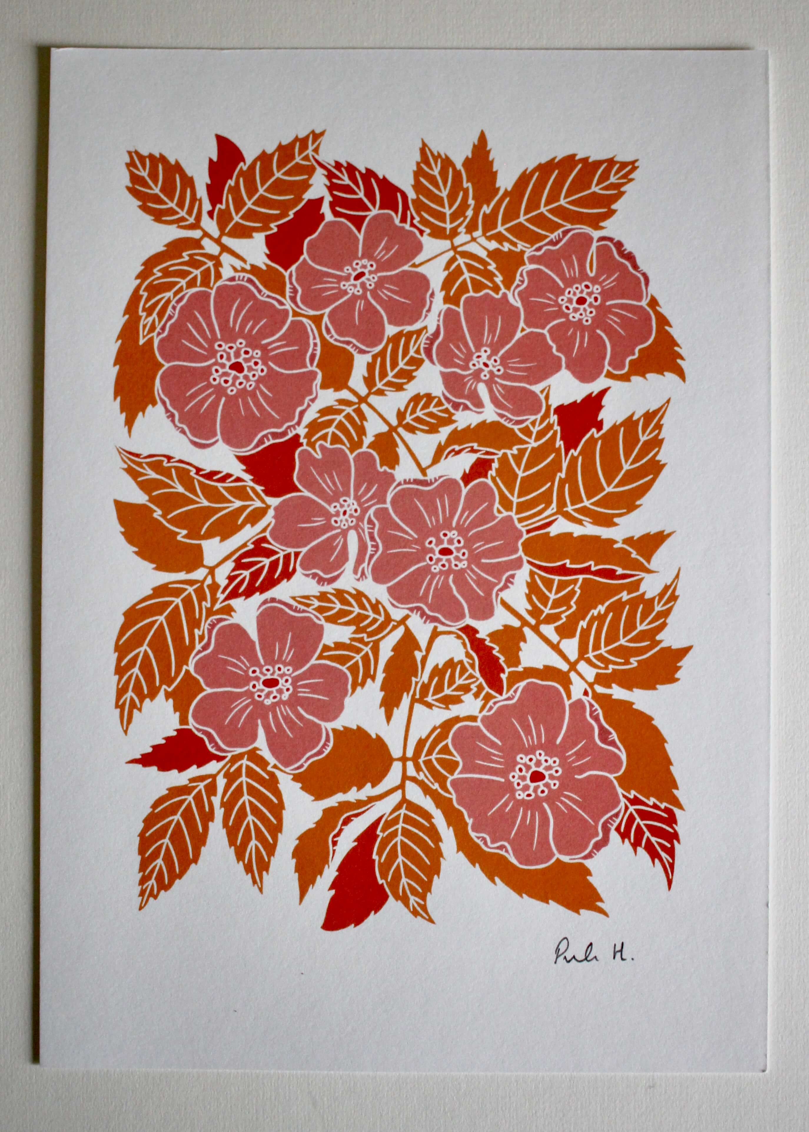 Summer Evenings Dog Rose Linocut Art Print | A4 Art Print on Cotton Paper - Image 3