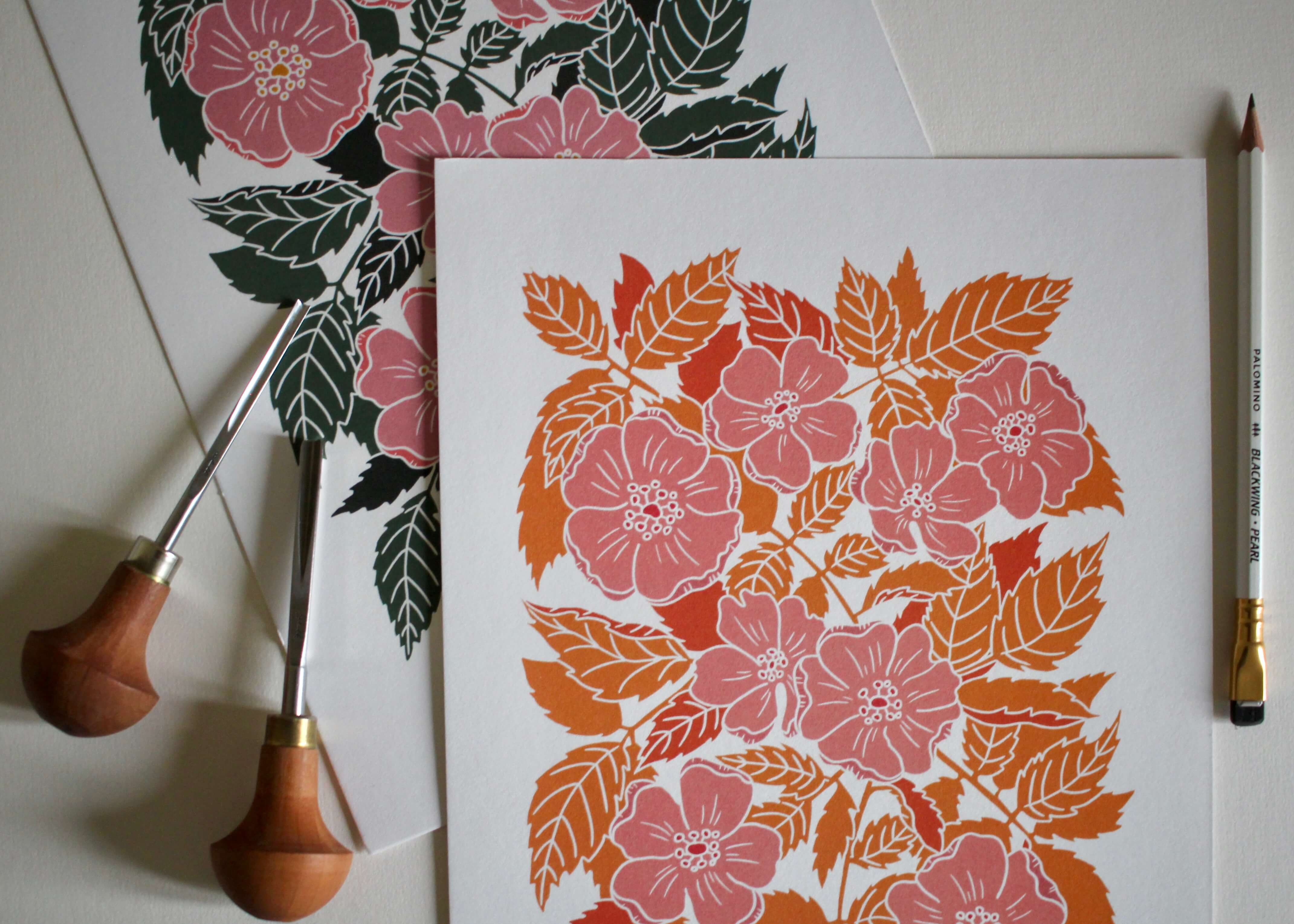 Summer Evenings Dog Rose Linocut Art Print | A4 Art Print on Cotton Paper - Image 4