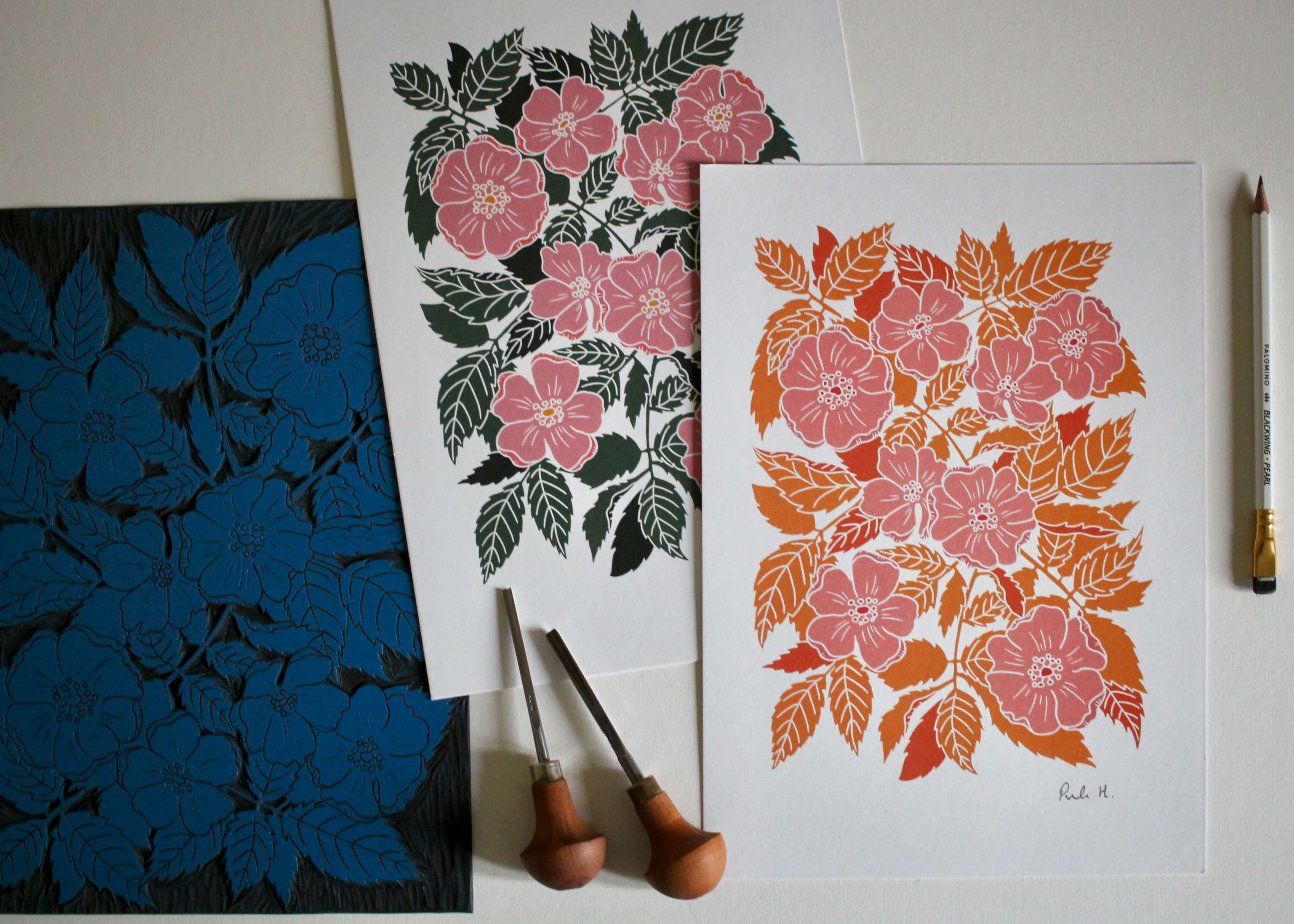 Summer Evenings Dog Rose Linocut Art Print | A4 Art Print on Cotton Paper - Image 5