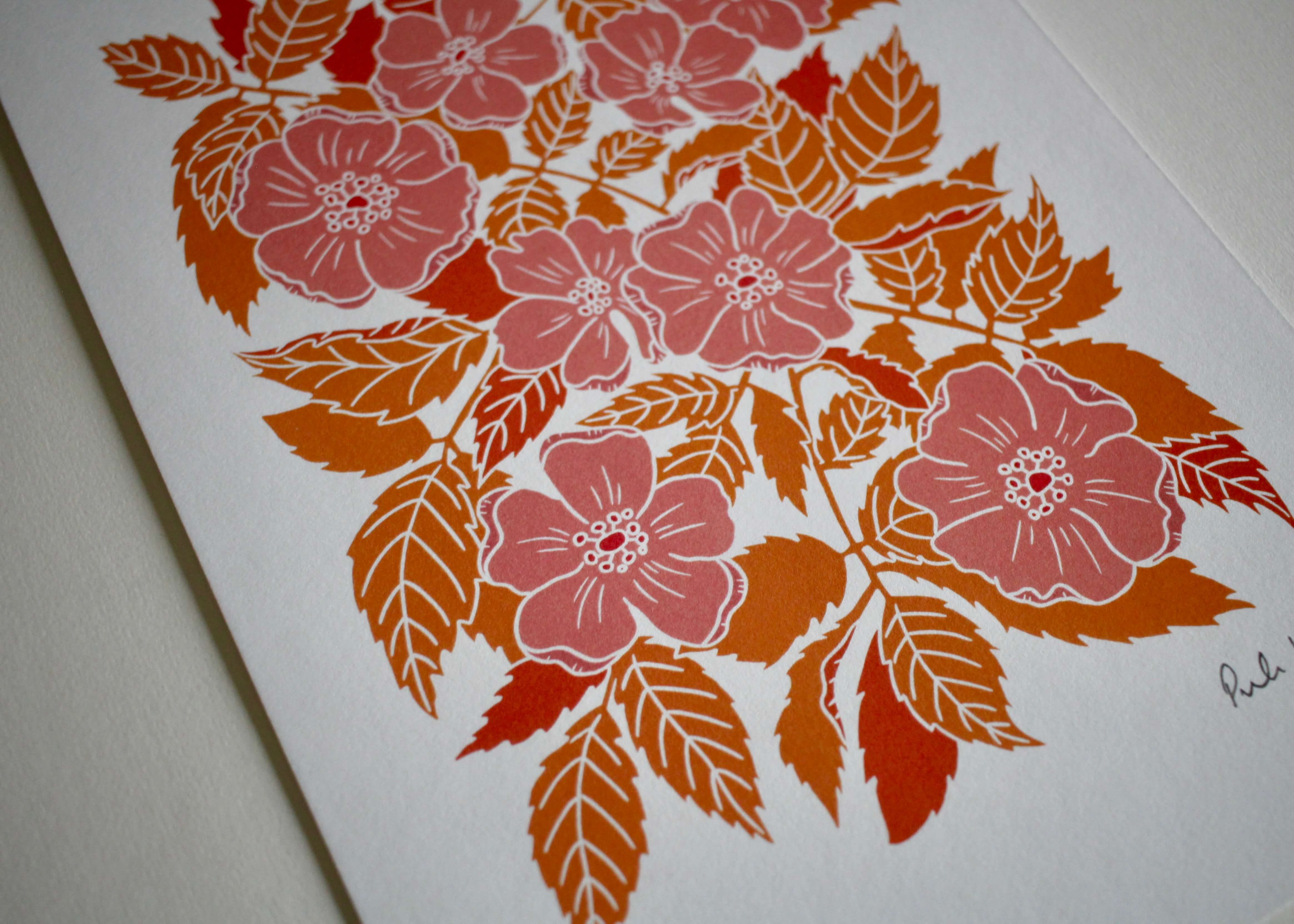 Summer Evenings Dog Rose Linocut Art Print | A4 Art Print on Cotton Paper - Image 6