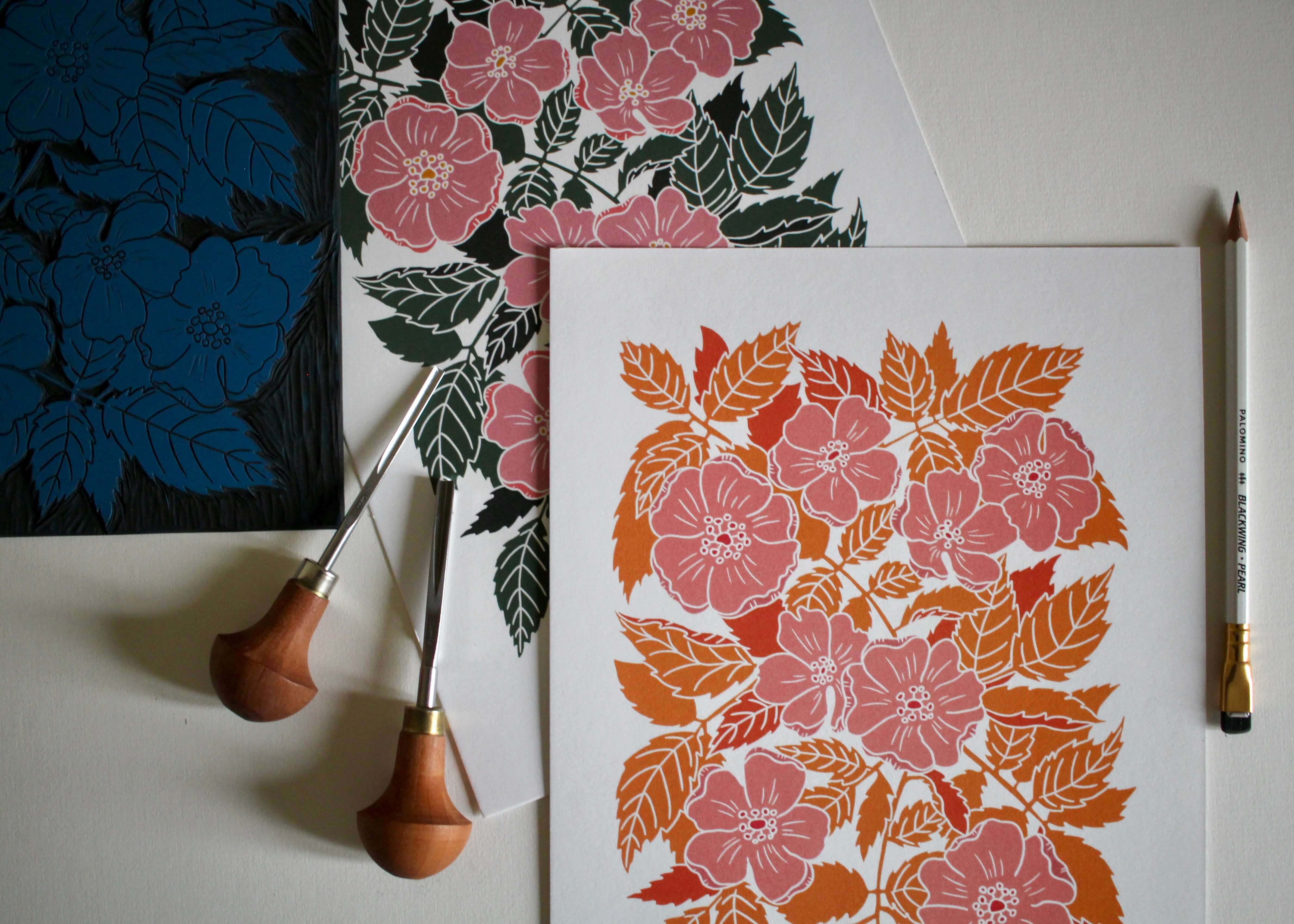 Summer Evenings Dog Rose Linocut Art Print | A4 Art Print on Cotton Paper - Image 7