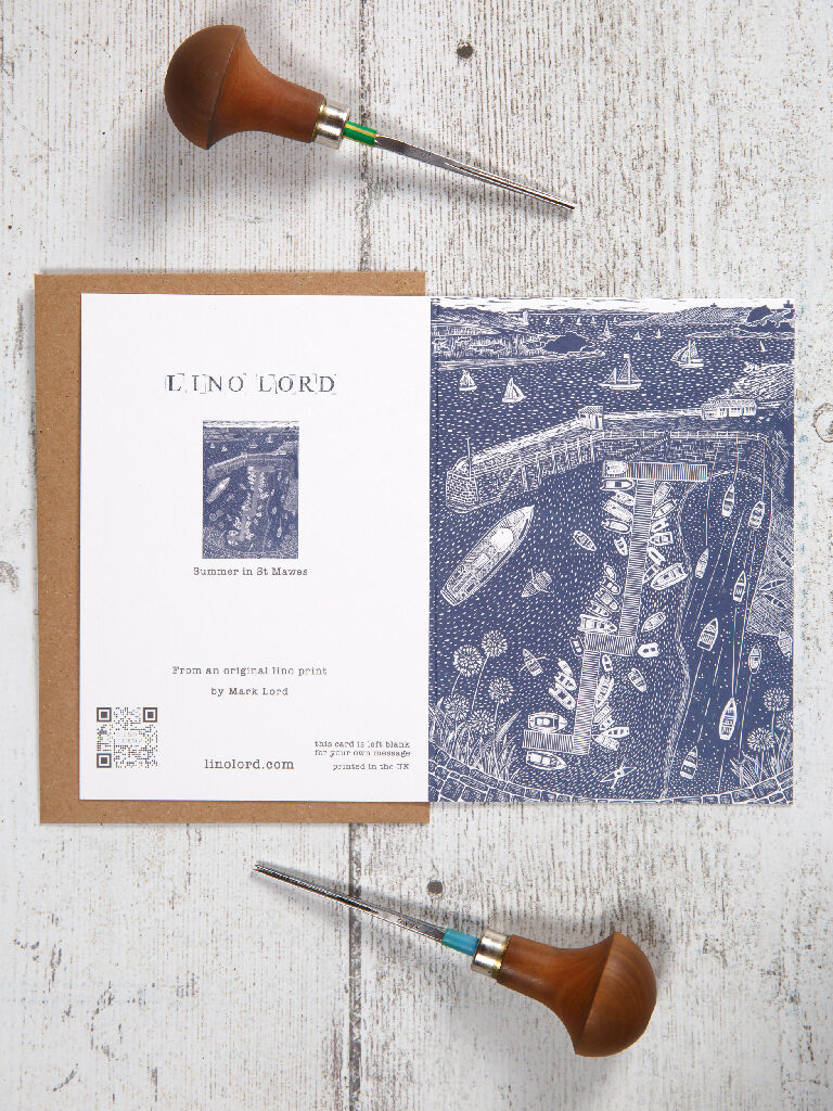 Summer St Mawes, A6 Lino Print Greeting Card - Image 2