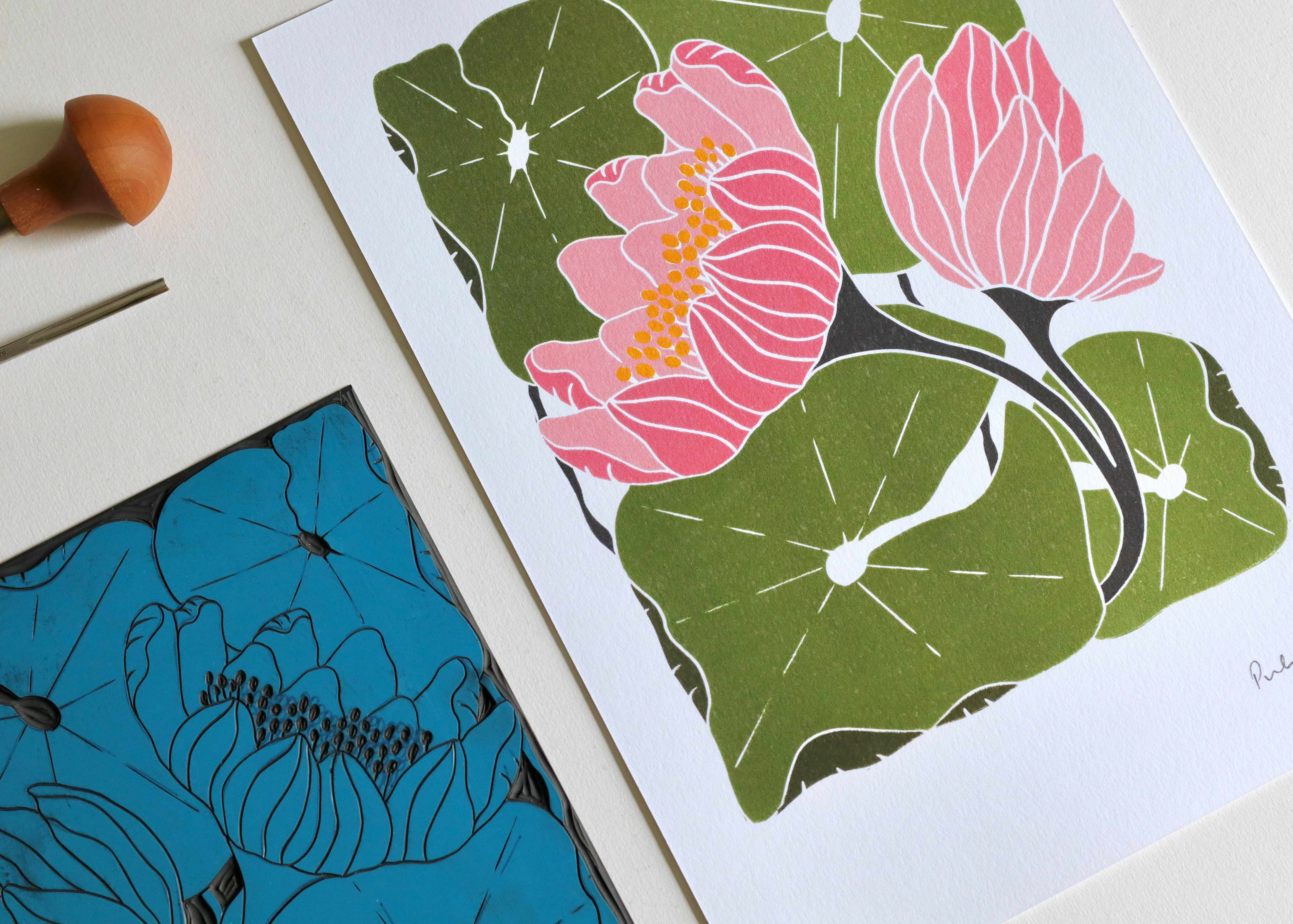 Summer Water Lilies Linocut Art Style 2 | A5 or A4 Art Print on Cotton Paper - Image 12
