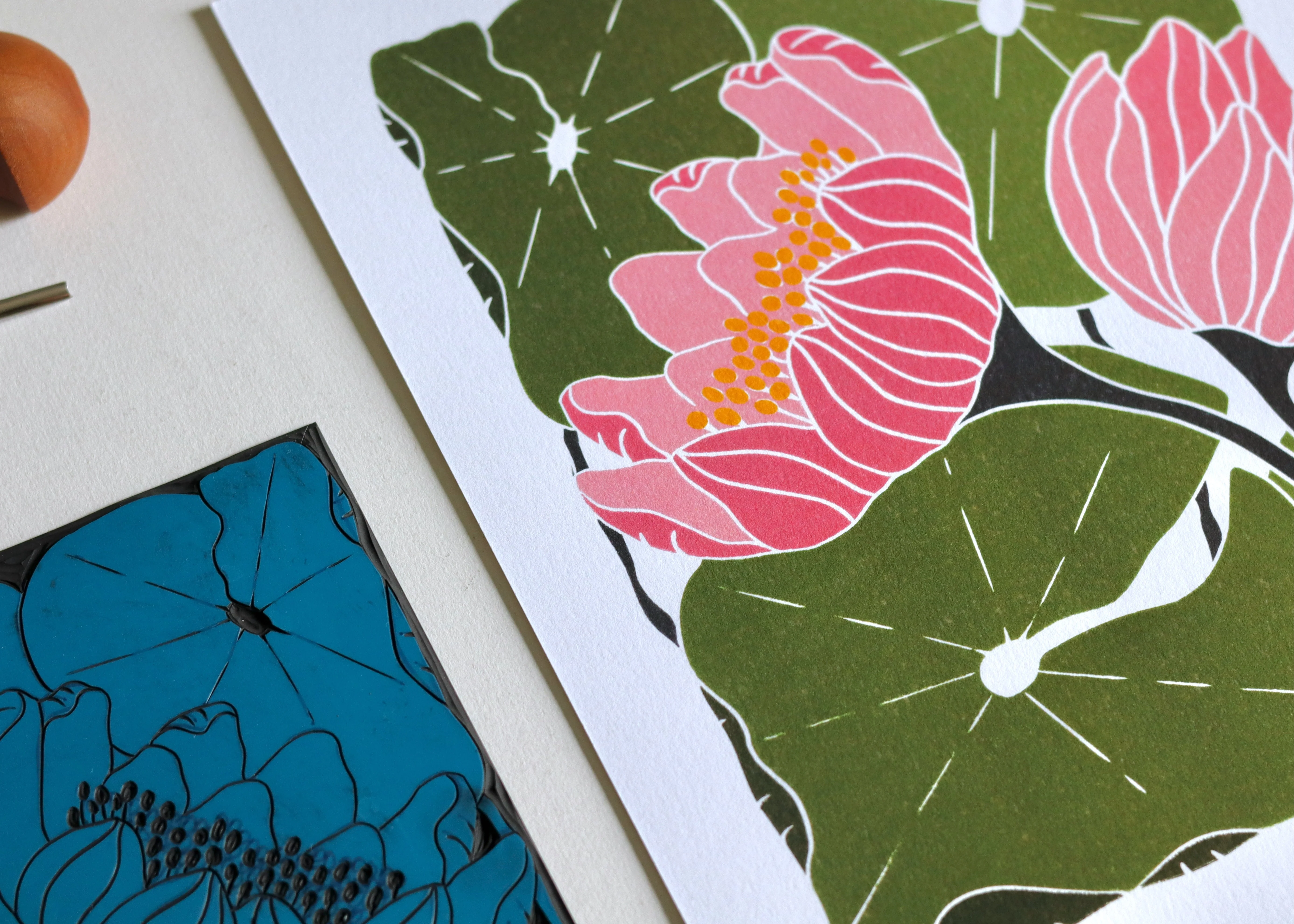Summer Water Lilies Linocut Art Style 2 | A5 or A4 Art Print on Cotton Paper - Image 13