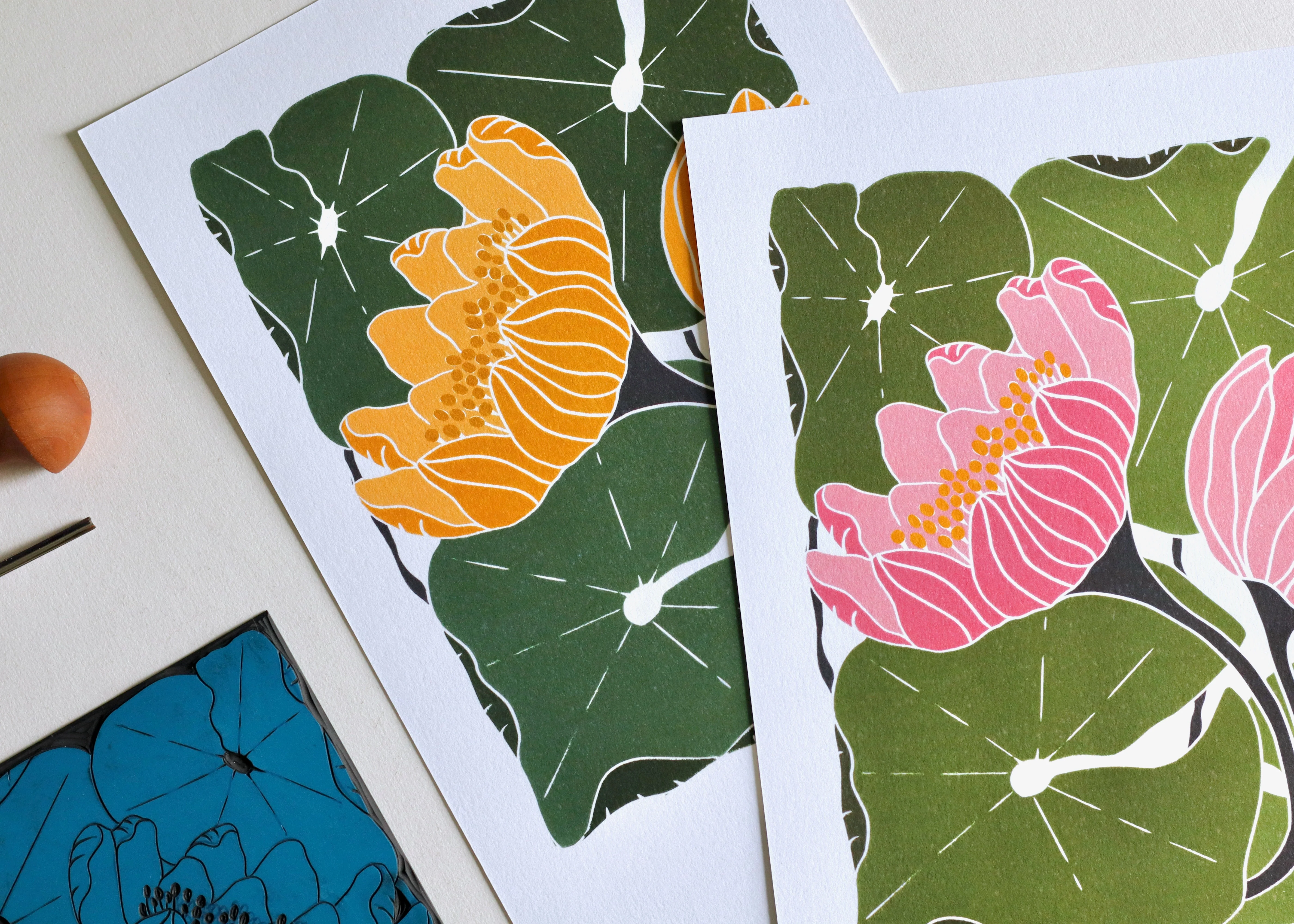Summer Water Lilies Linocut Art Style 2 | A5 or A4 Art Print on Cotton Paper - Image 2