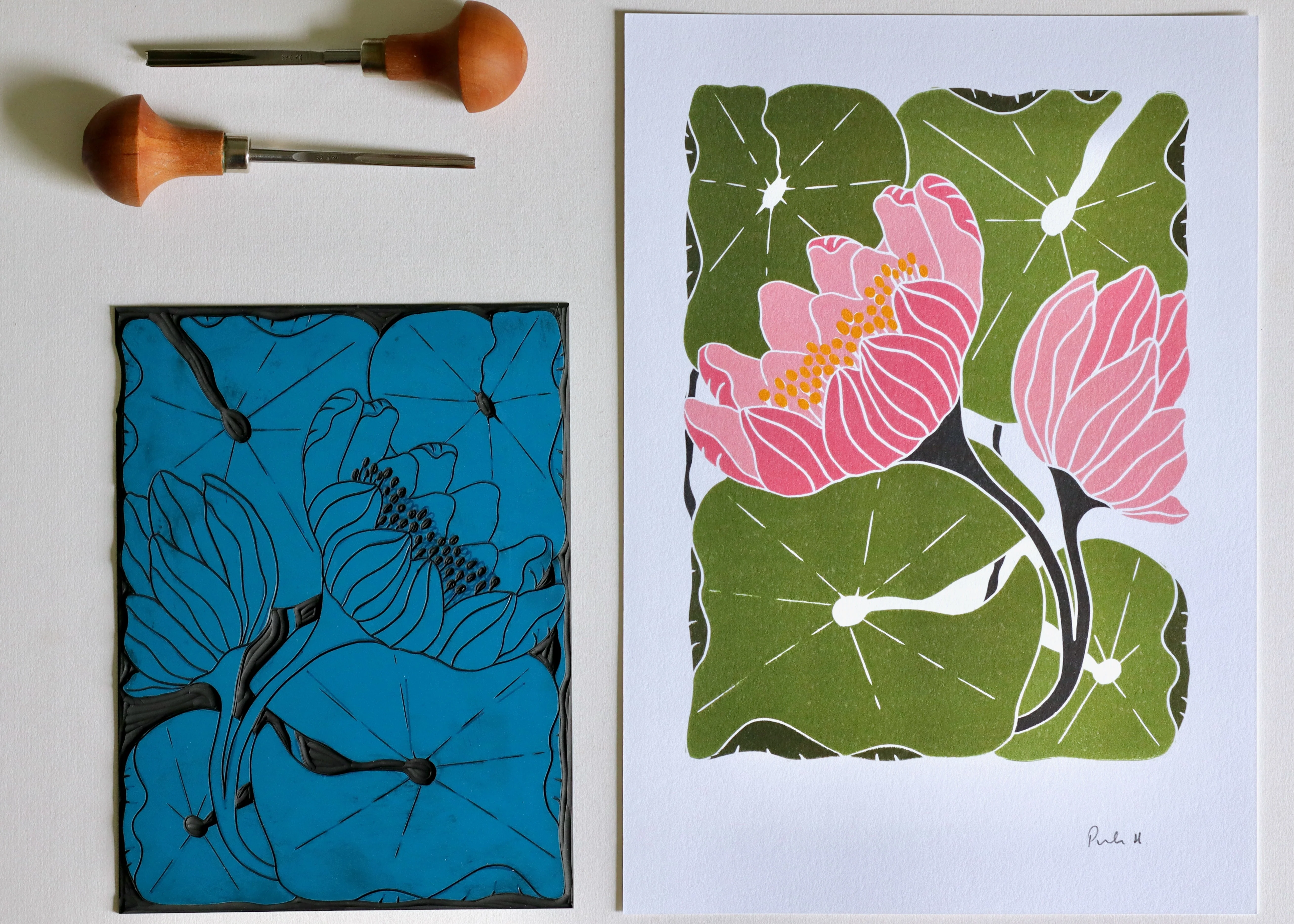 Summer Water Lilies Linocut Art Style 2 | A5 or A4 Art Print on Cotton Paper - Image 9