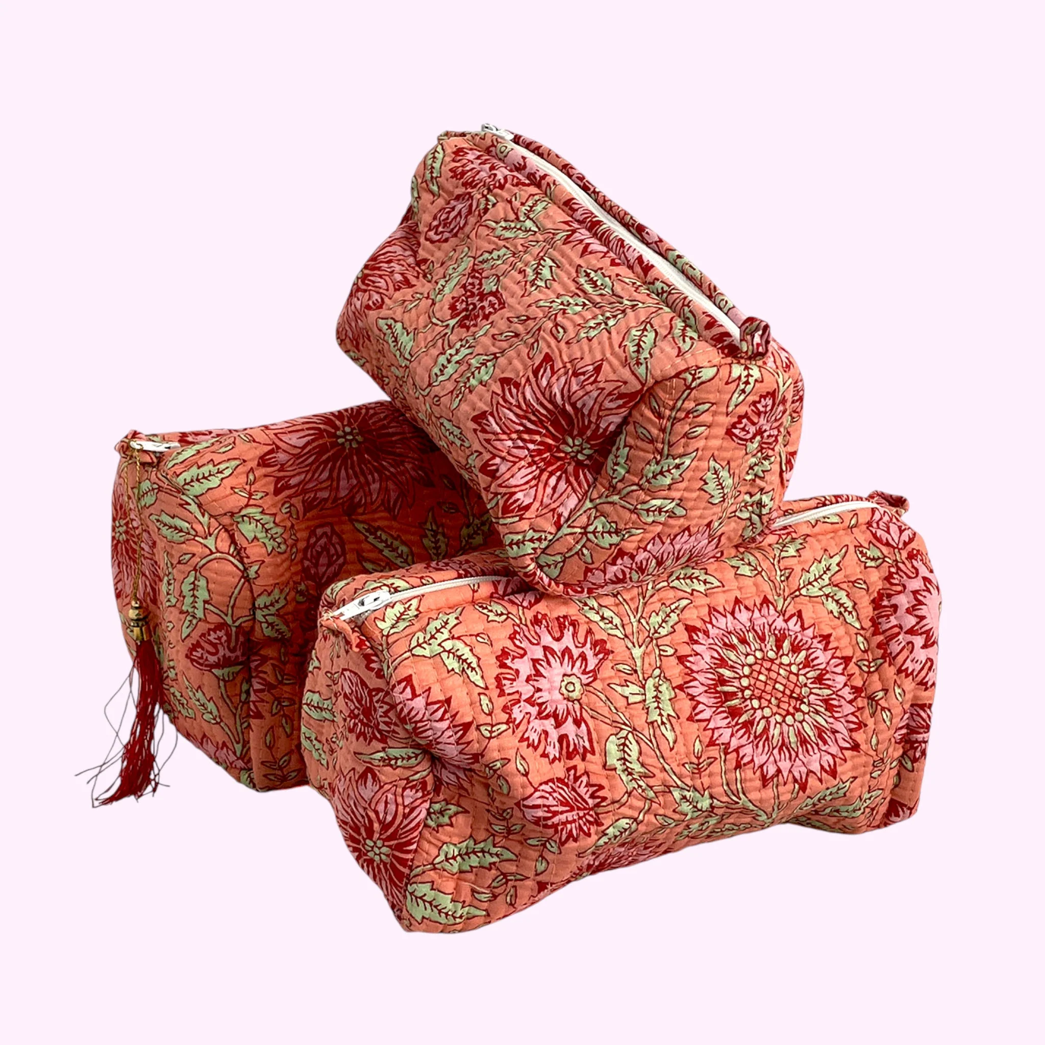 Sunflower Block Print Cotton Washbag, Make Up Bag, Pencil Case with Waterproof Lining - Pink Sunflower Print - Image 3