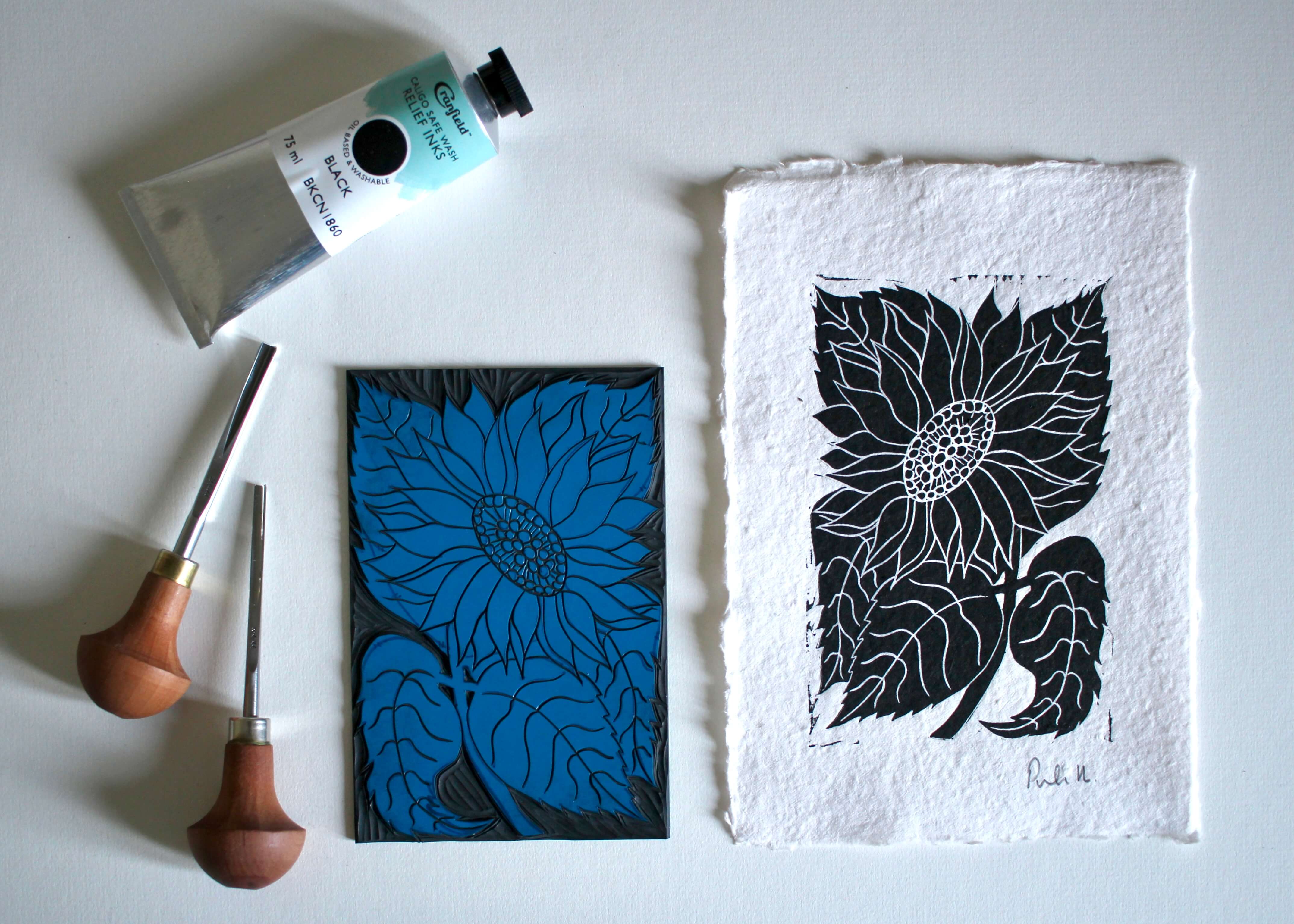 Sunflower Flower Linocut | Handprinted A5 Art Print on Cotton Rag Paper - Image 2