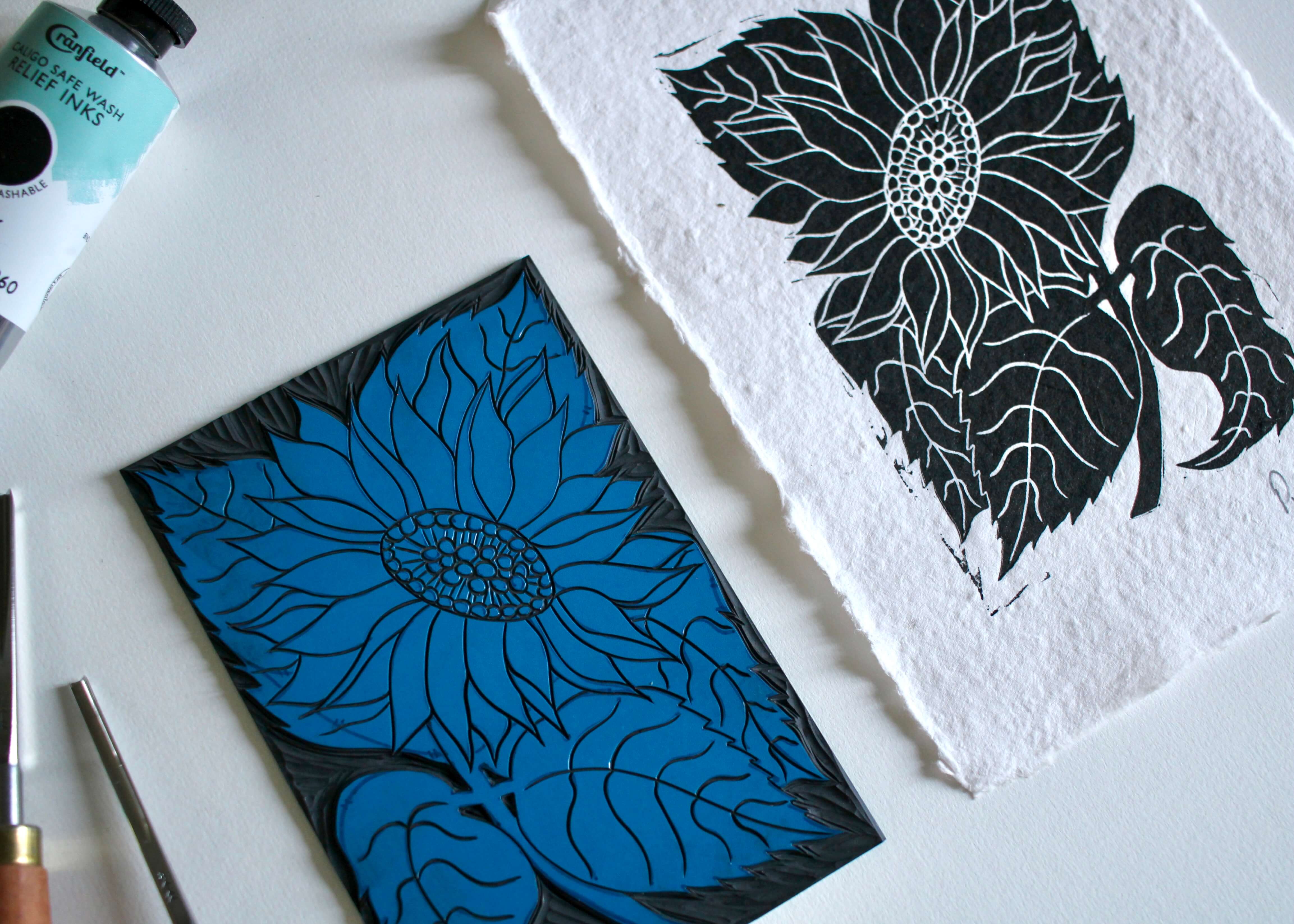 Sunflower Flower Linocut | Handprinted A5 Art Print on Cotton Rag Paper - Image 3