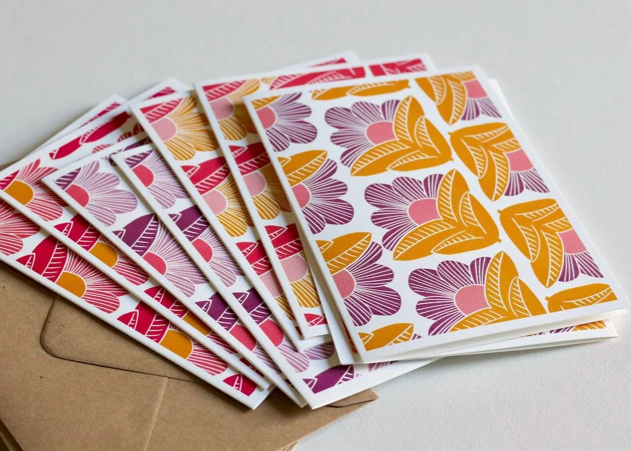 Sunrise Abstract Floral Linocut Cards | Set of 8 Notecards & Envelopes - Image 3