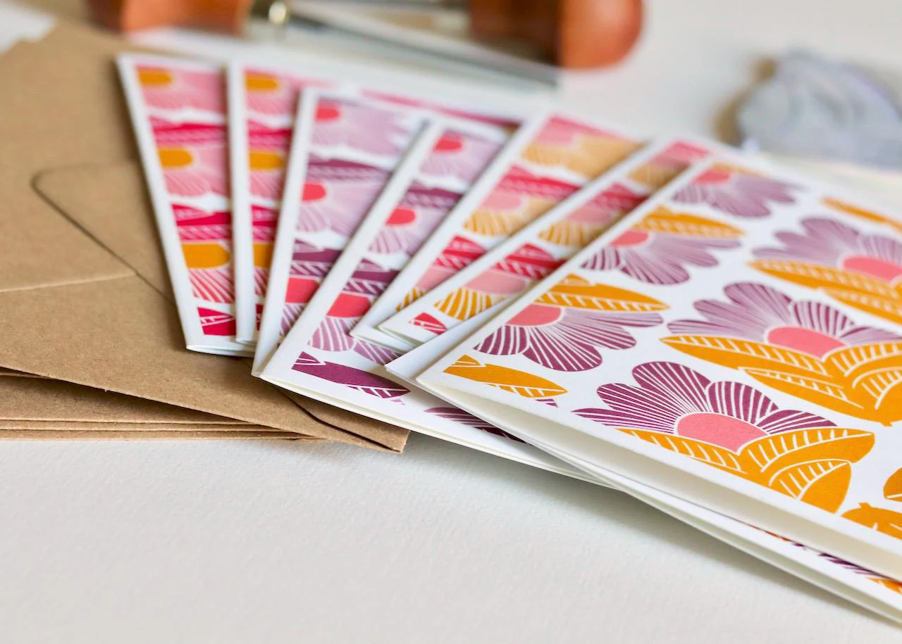 Sunrise Abstract Floral Linocut Cards | Set of 8 Notecards & Envelopes - Image 6