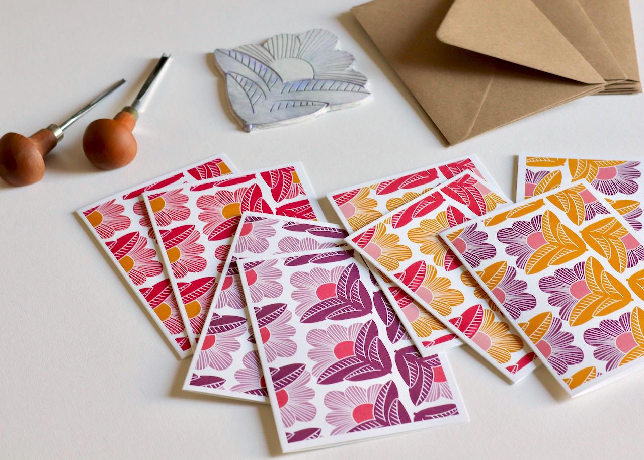 Sunrise Abstract Floral Linocut Cards | Set of 8 Notecards & Envelopes - Image 7