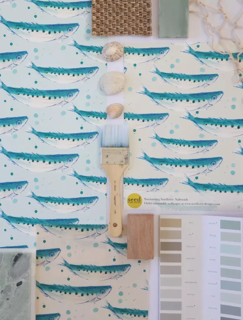 Swimming Sardines Natural Organic Calico Soft Furnishing Fabric - Image 4