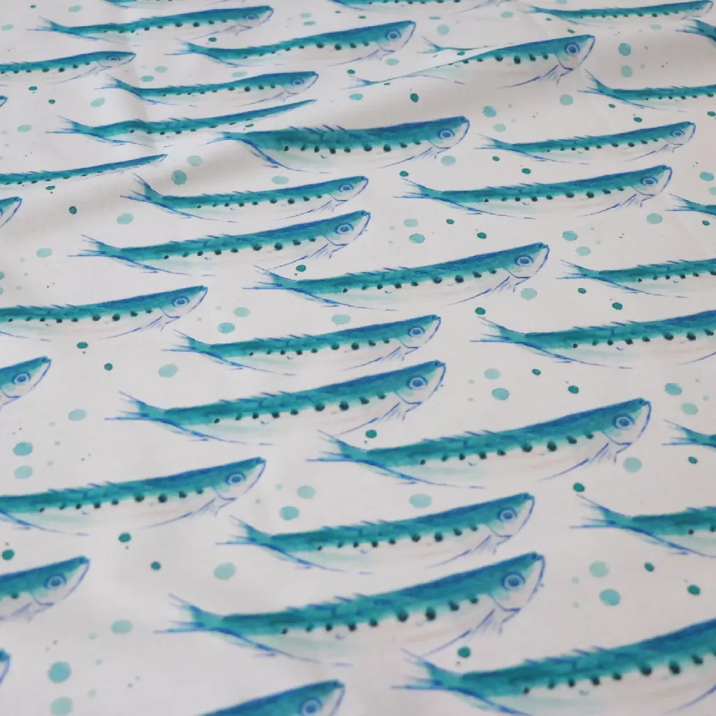 Swimming Sardines Natural Organic Calico Soft Furnishing Fabric - Image 5