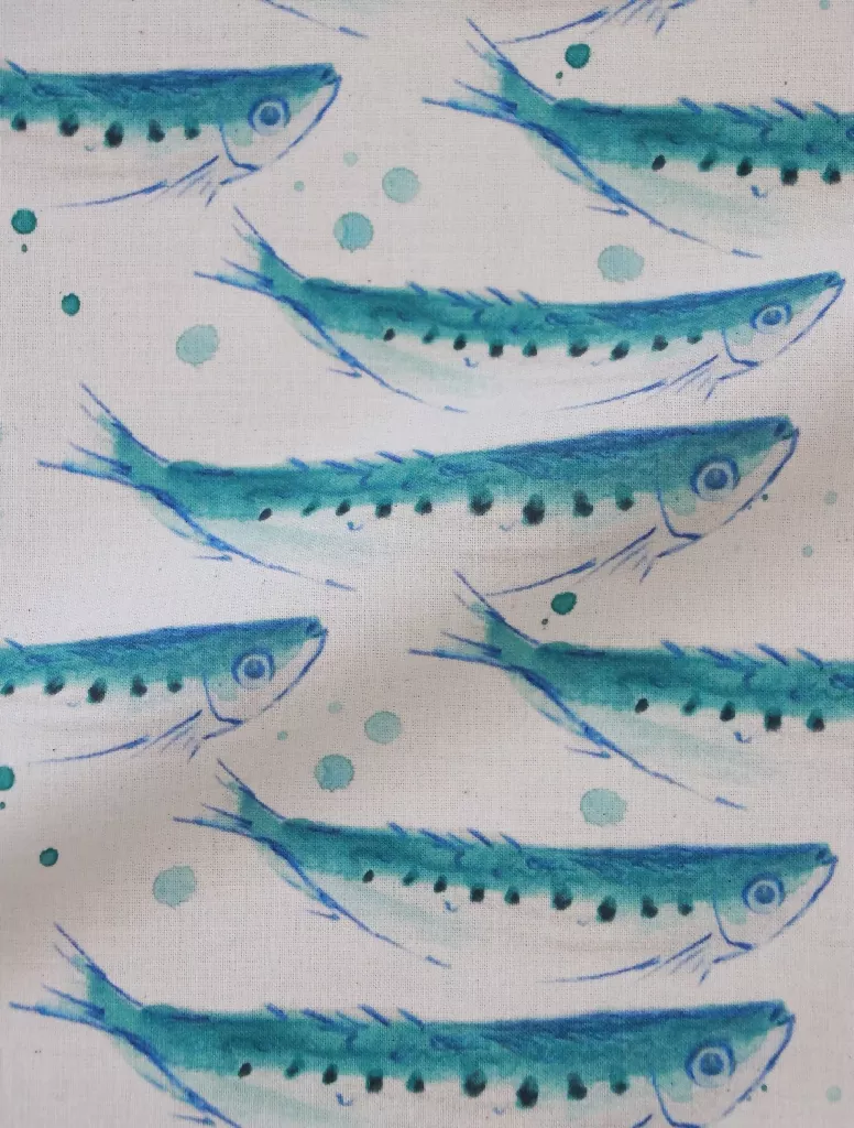 Swimming Sardines Natural Organic Calico Soft Furnishing Fabric - Image 6