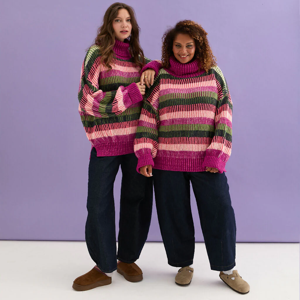 Tasha Oversized Balloon Sleeve Stripe Roll Neck Jumper - Purple - Image 10