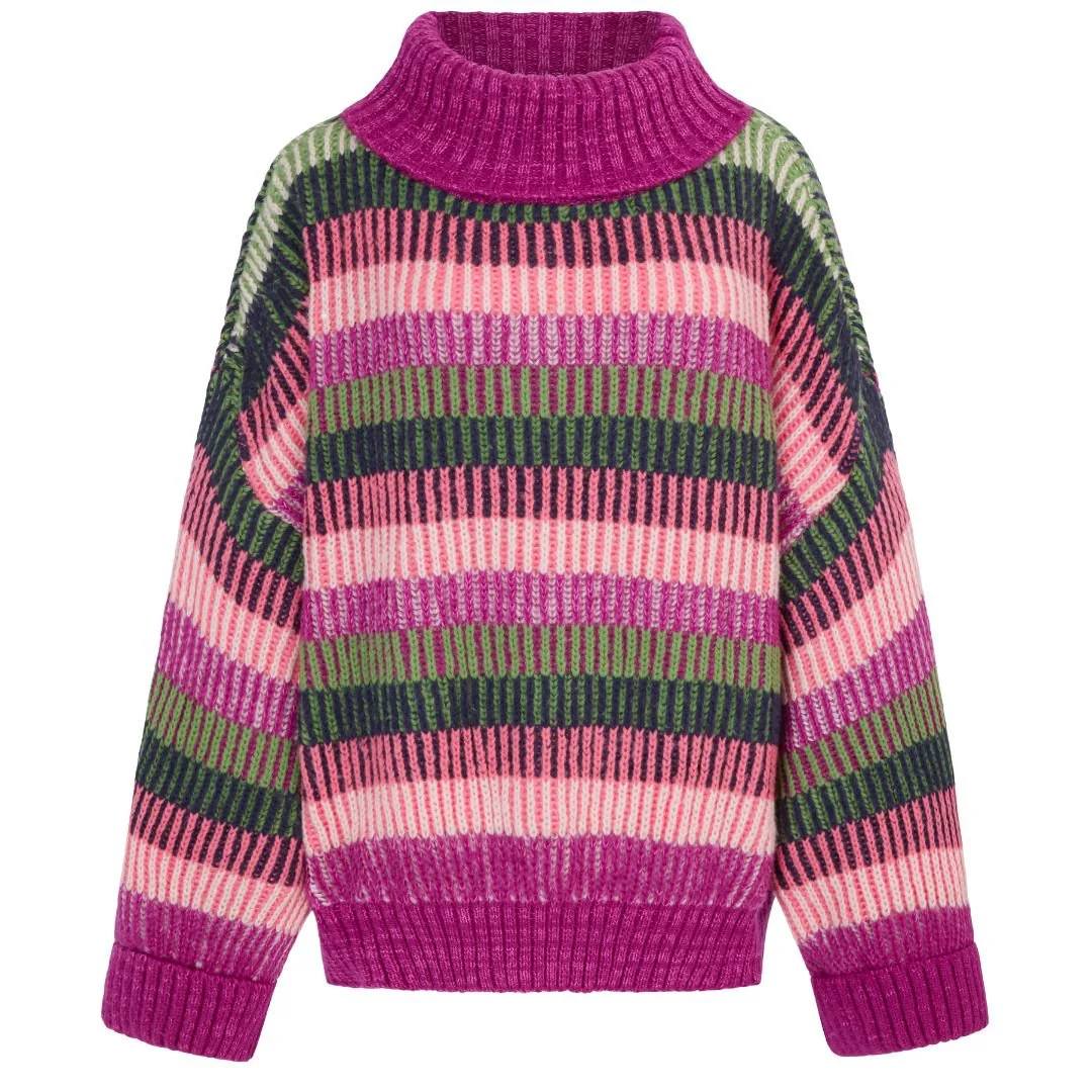 Tasha Oversized Balloon Sleeve Stripe Roll Neck Jumper - Purple - Image 2