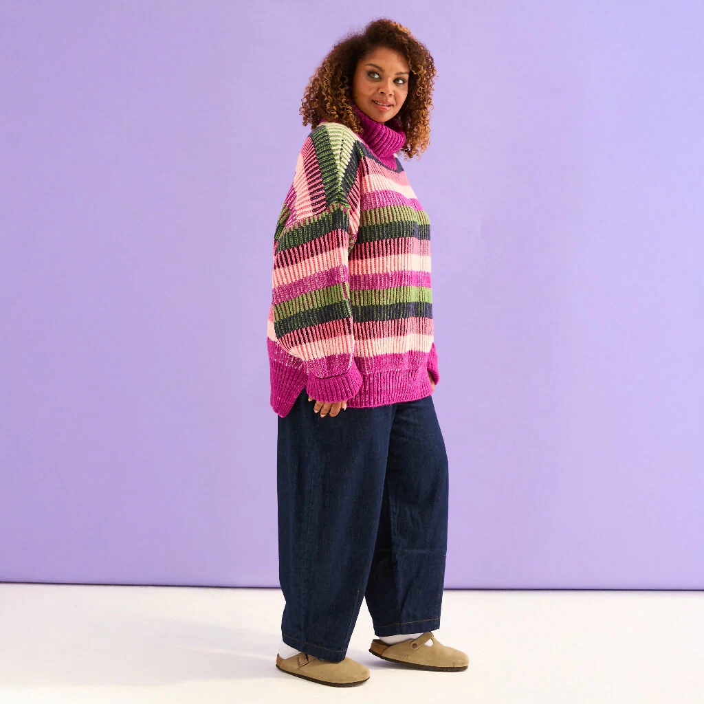 Tasha Oversized Balloon Sleeve Stripe Roll Neck Jumper - Purple - Image 3