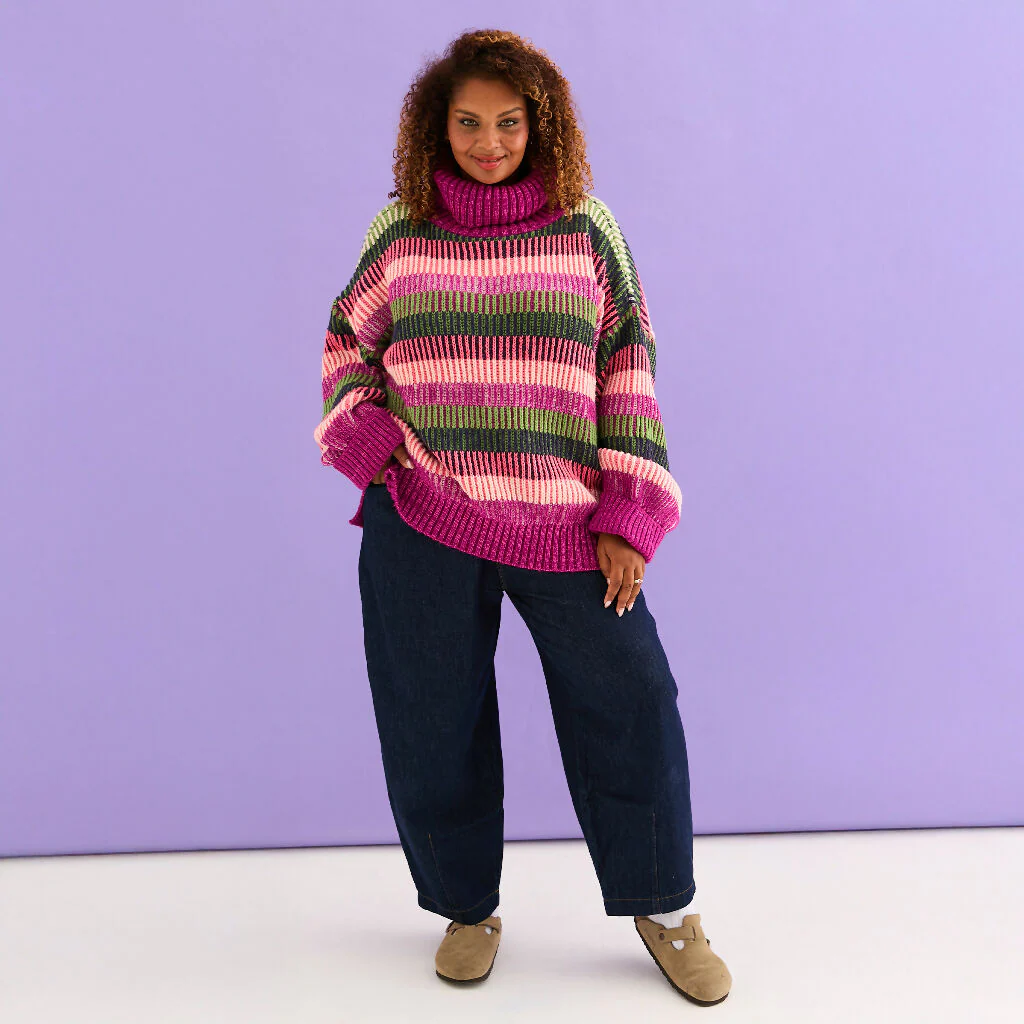 Tasha Oversized Balloon Sleeve Stripe Roll Neck Jumper - Purple - Image 5