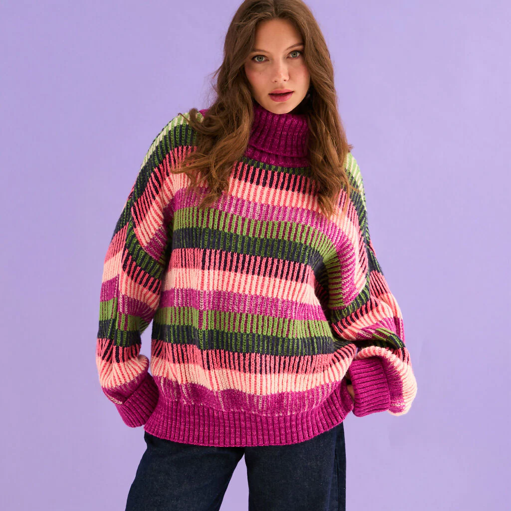 Tasha Oversized Balloon Sleeve Stripe Roll Neck Jumper - Purple - Image 6