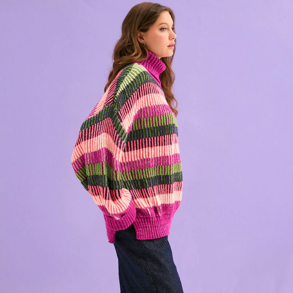 Tasha Oversized Balloon Sleeve Stripe Roll Neck Jumper - Purple - Image 7