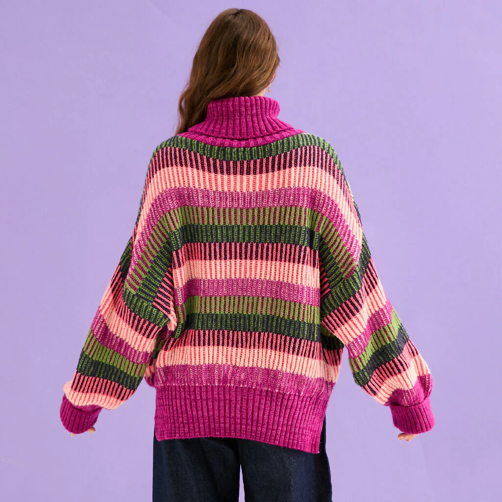 Tasha Oversized Balloon Sleeve Stripe Roll Neck Jumper - Purple - Image 8