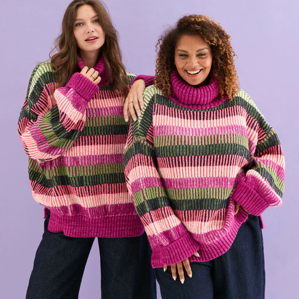 Tasha Oversized Balloon Sleeve Stripe Roll Neck Jumper - Purple - Image 9
