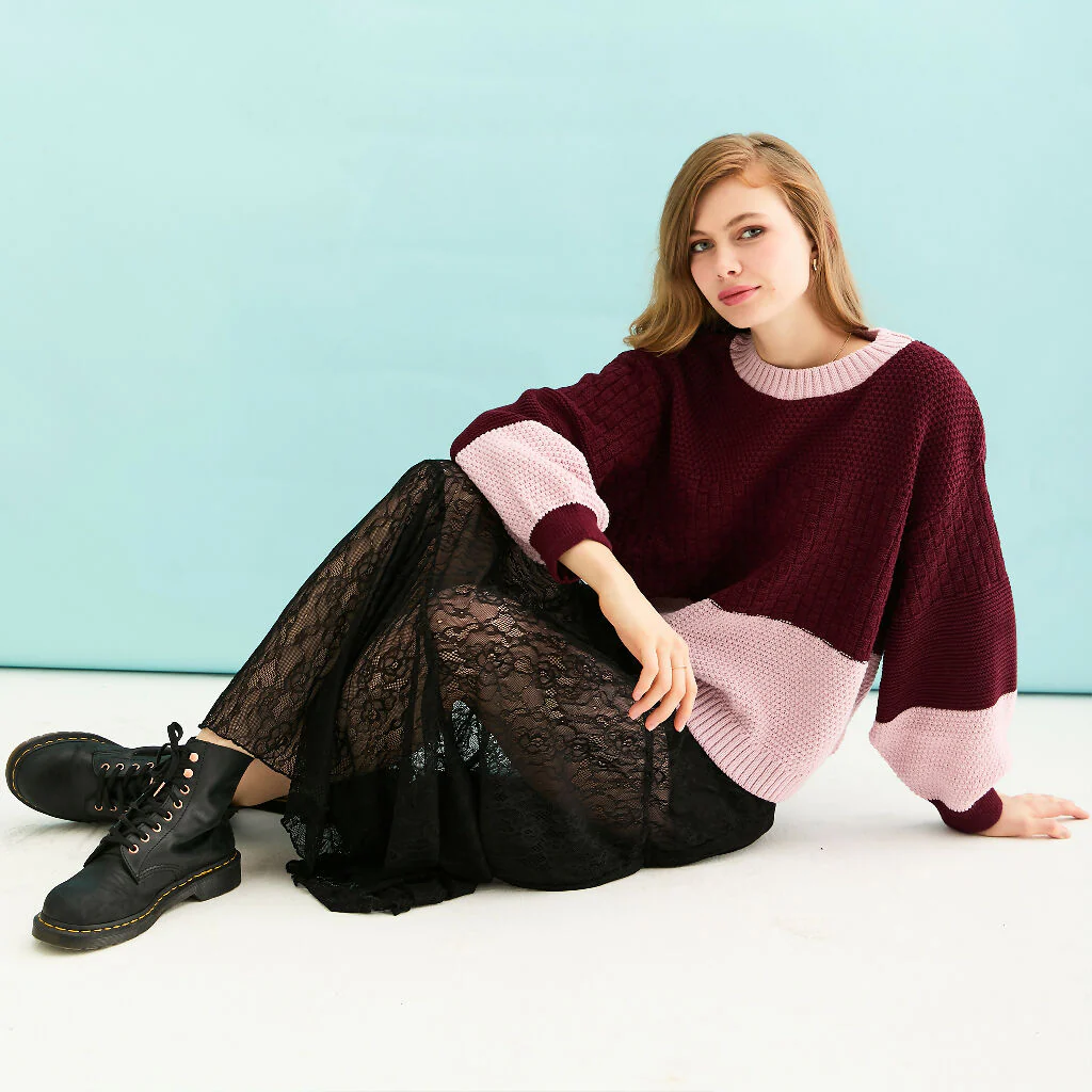 Taz Recycled Cotton Mix Two Tone Jumper - Burgundy - Image 10