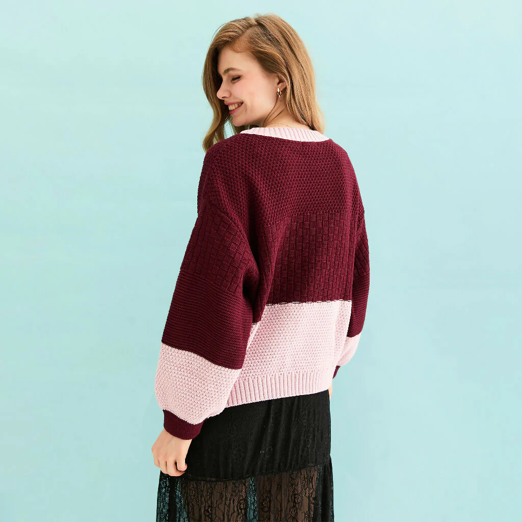 Taz Recycled Cotton Mix Two Tone Jumper - Burgundy - Image 11