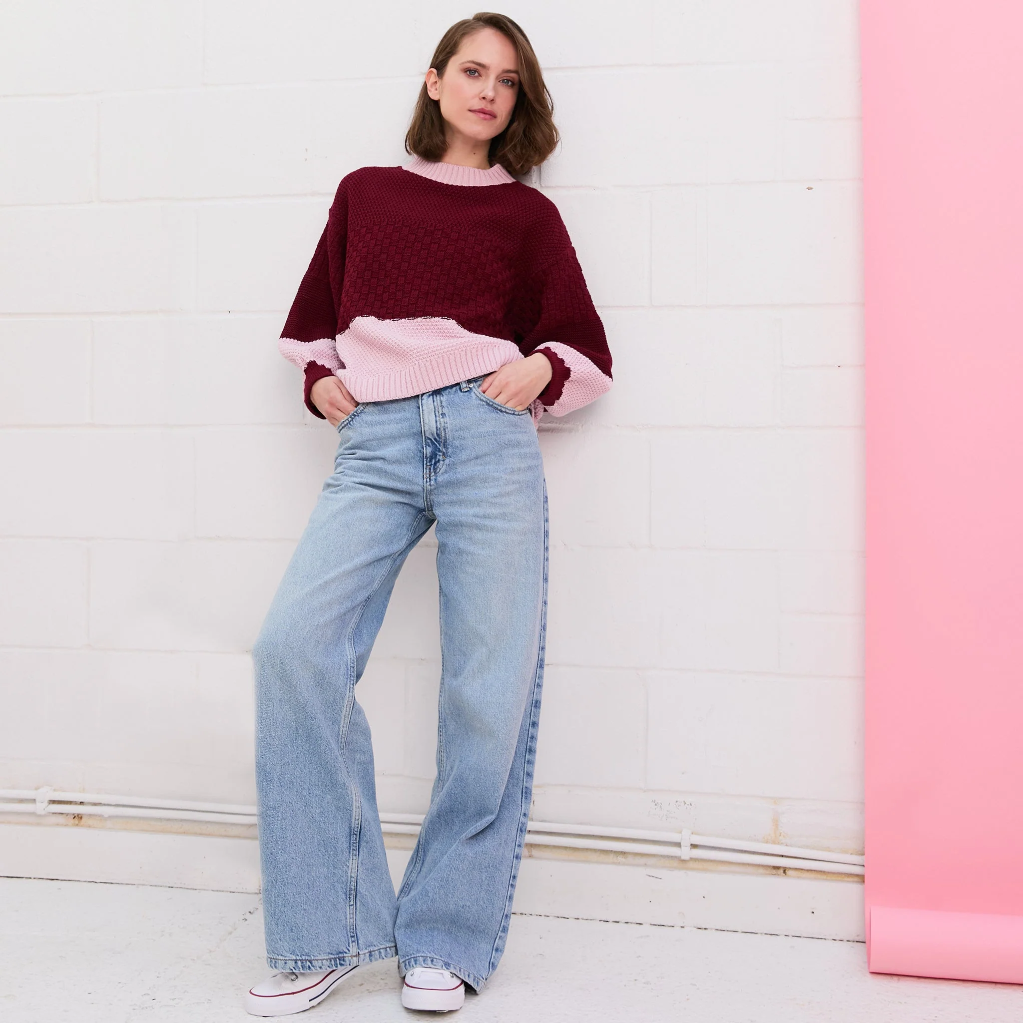 Taz Recycled Cotton Mix Two Tone Jumper - Burgundy - Image 4