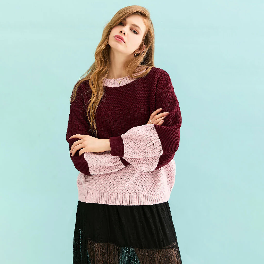 Taz Recycled Cotton Mix Two Tone Jumper - Burgundy - Image 8