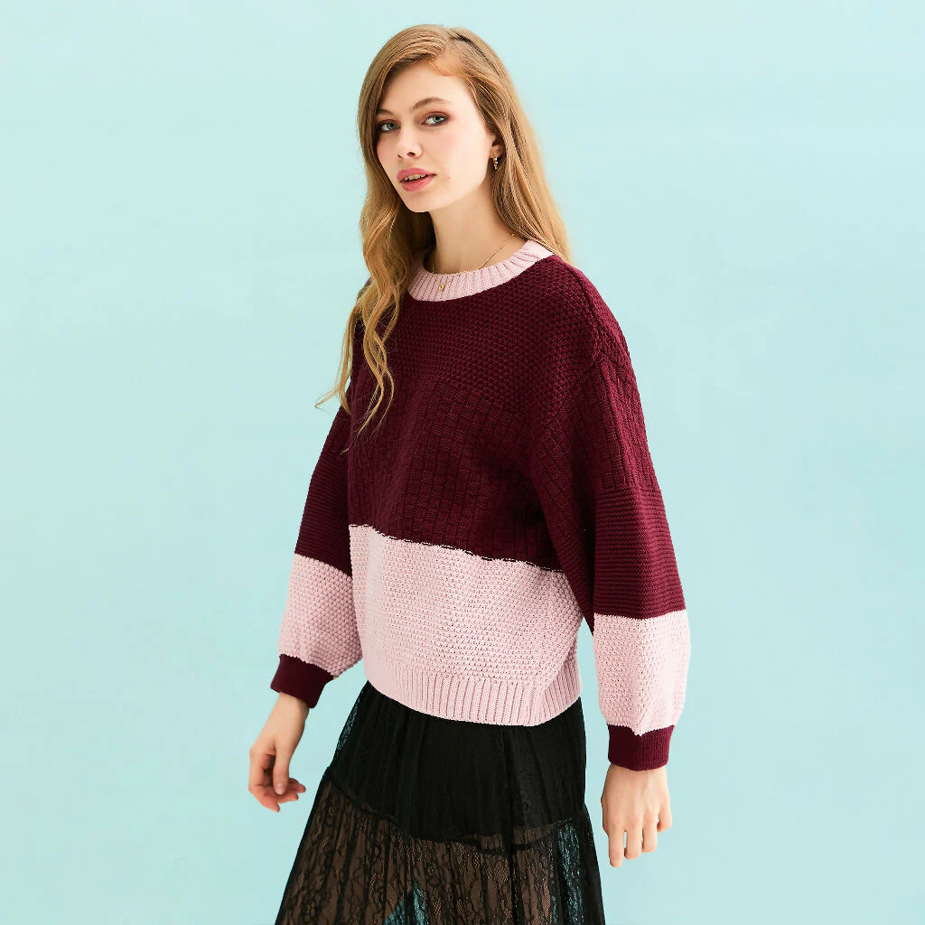 Taz Recycled Cotton Mix Two Tone Jumper - Burgundy - Image 9