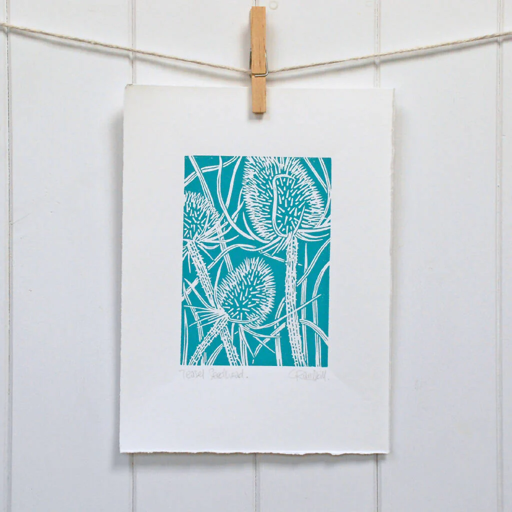 Teasel Seedhead in Teal Blue - Open Ended Edition - Original Linocut Print