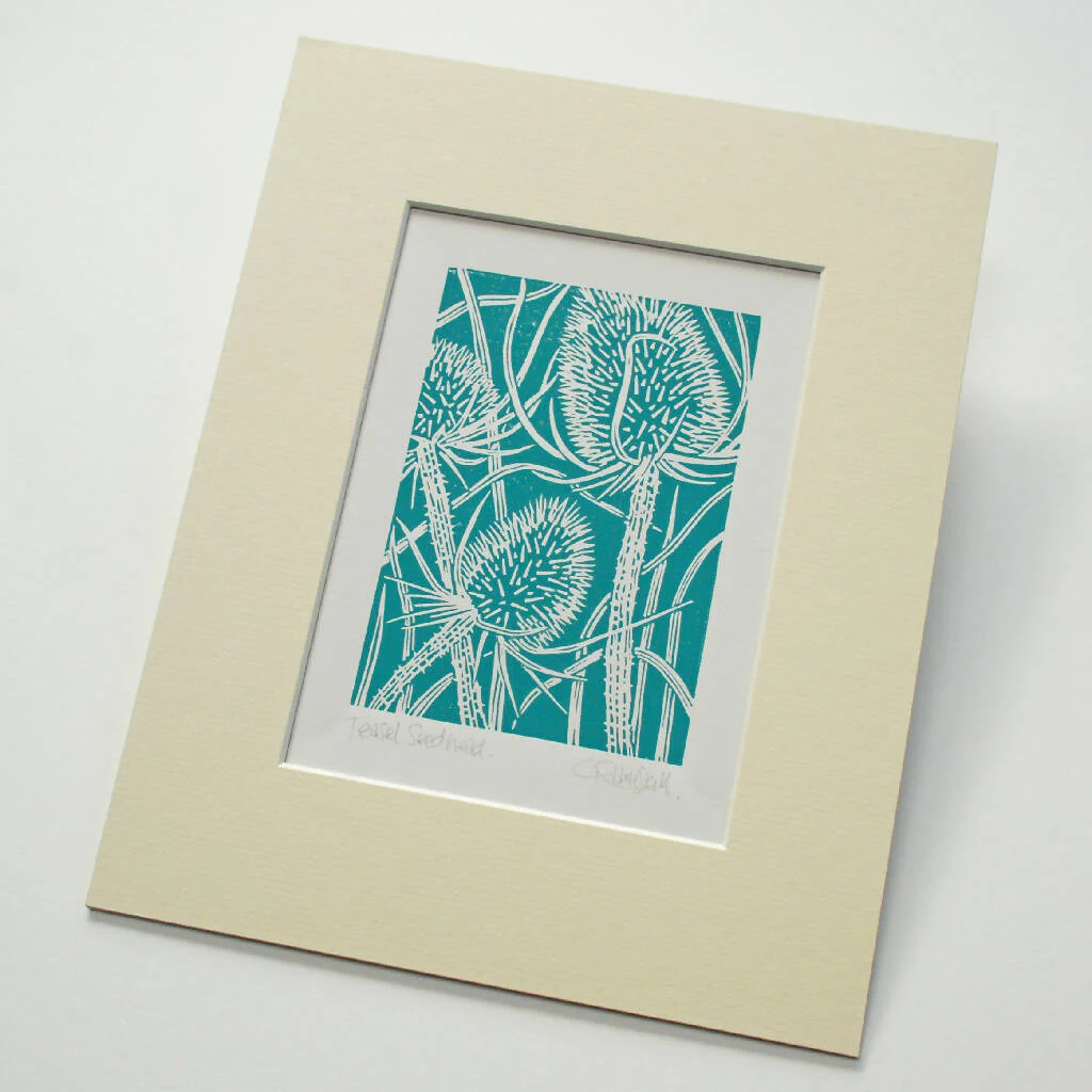 Teasel Seedhead in Teal Blue - Open Ended Edition - Original Linocut Print - Image 2
